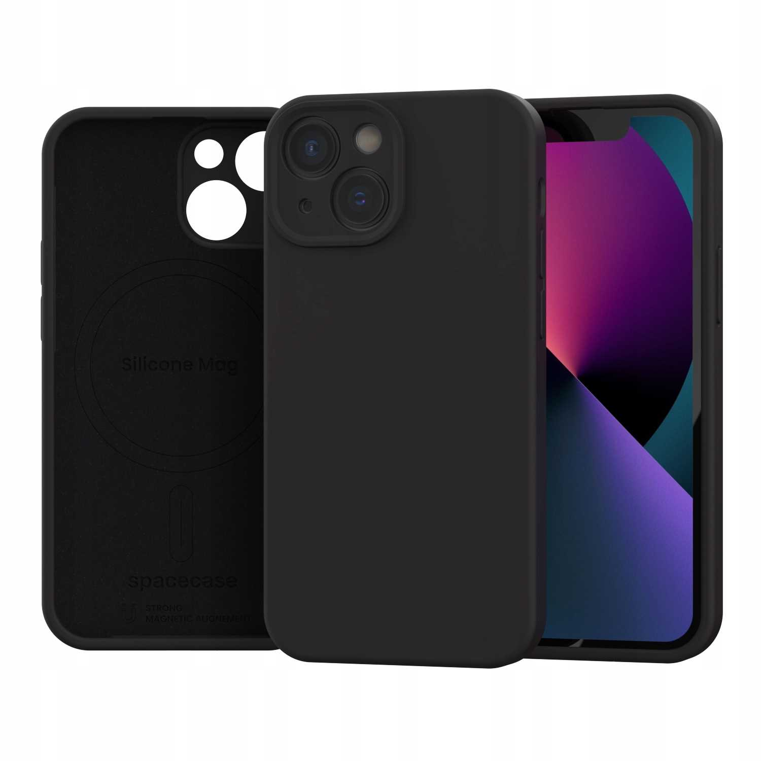 Czarne etui na telefon z pierścieniem magnetycznym i częścią iPhone'a z fioletowym tłem.