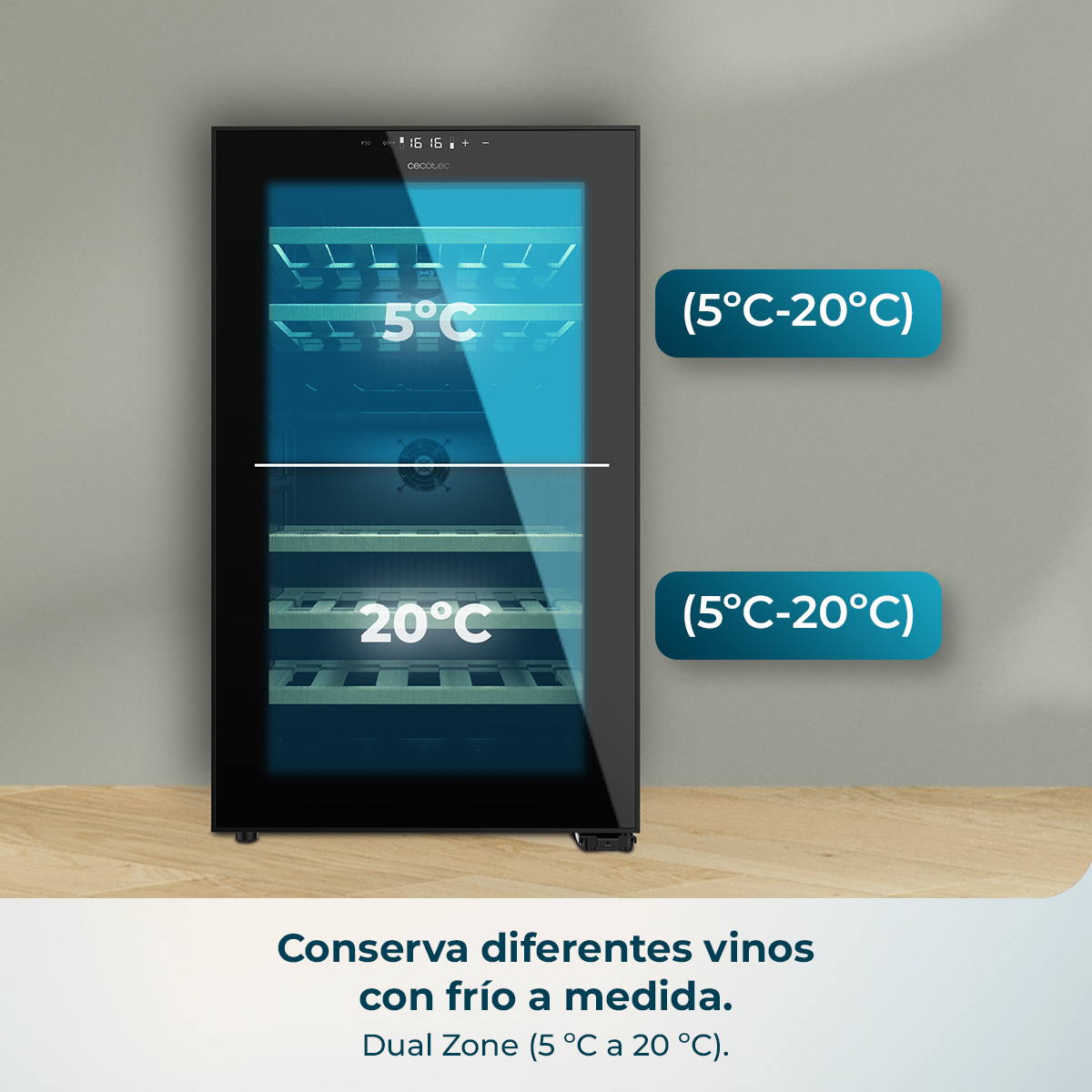 Un enfriador de vino negro con zonas de doble temperatura, 5°C y 20°C.