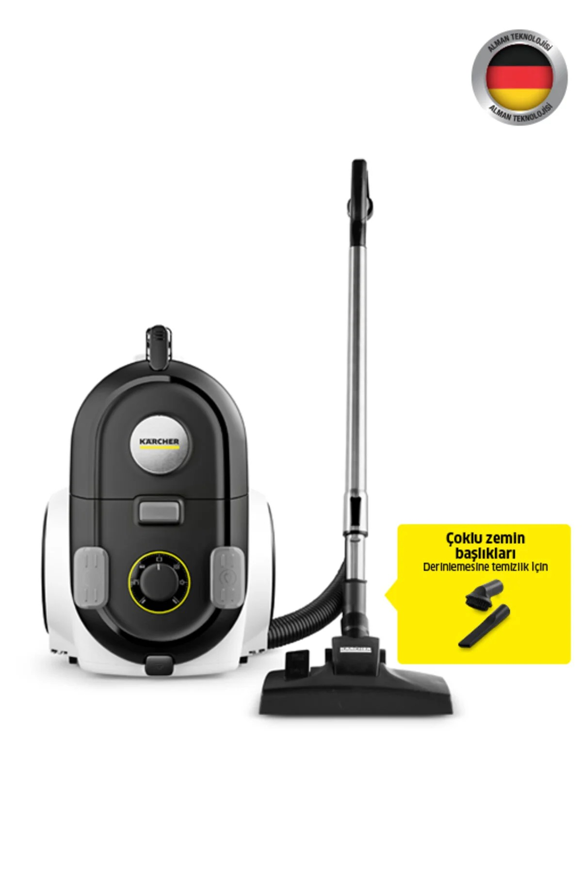 Aksesuar ve Alman teknoloji logosu bulunan Karcher elektrikli süpürge.