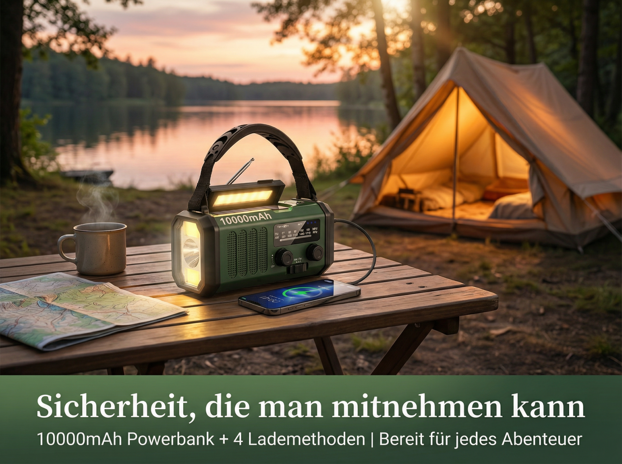Campingplatz am See mit Zelt und Powerbank auf einem Tisch bei Sonnenuntergang.
