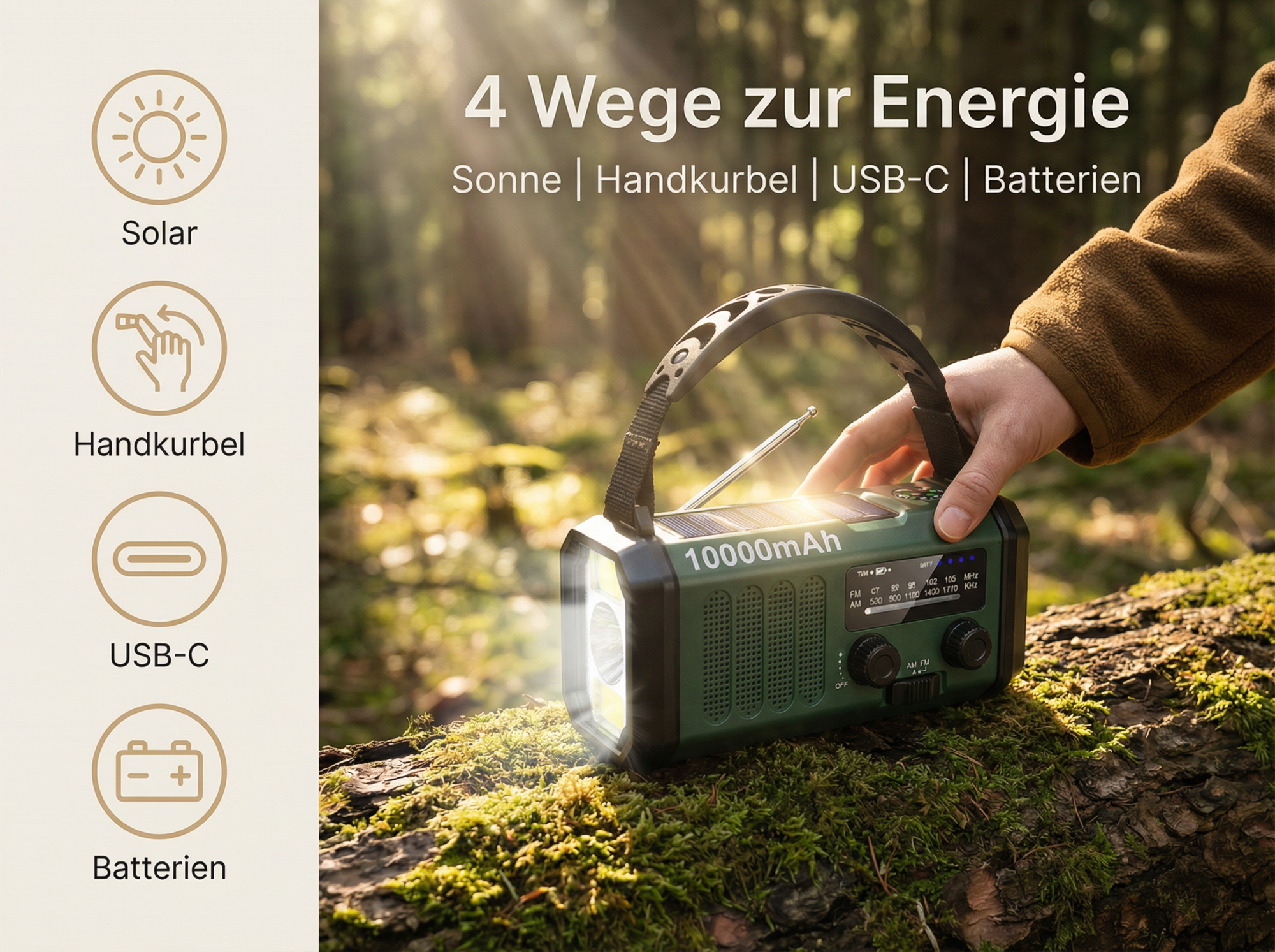 Grünes Radio mit Kurbel, Solar, USB-C, Batterien im Wald. Helle Lampe leuchtet.