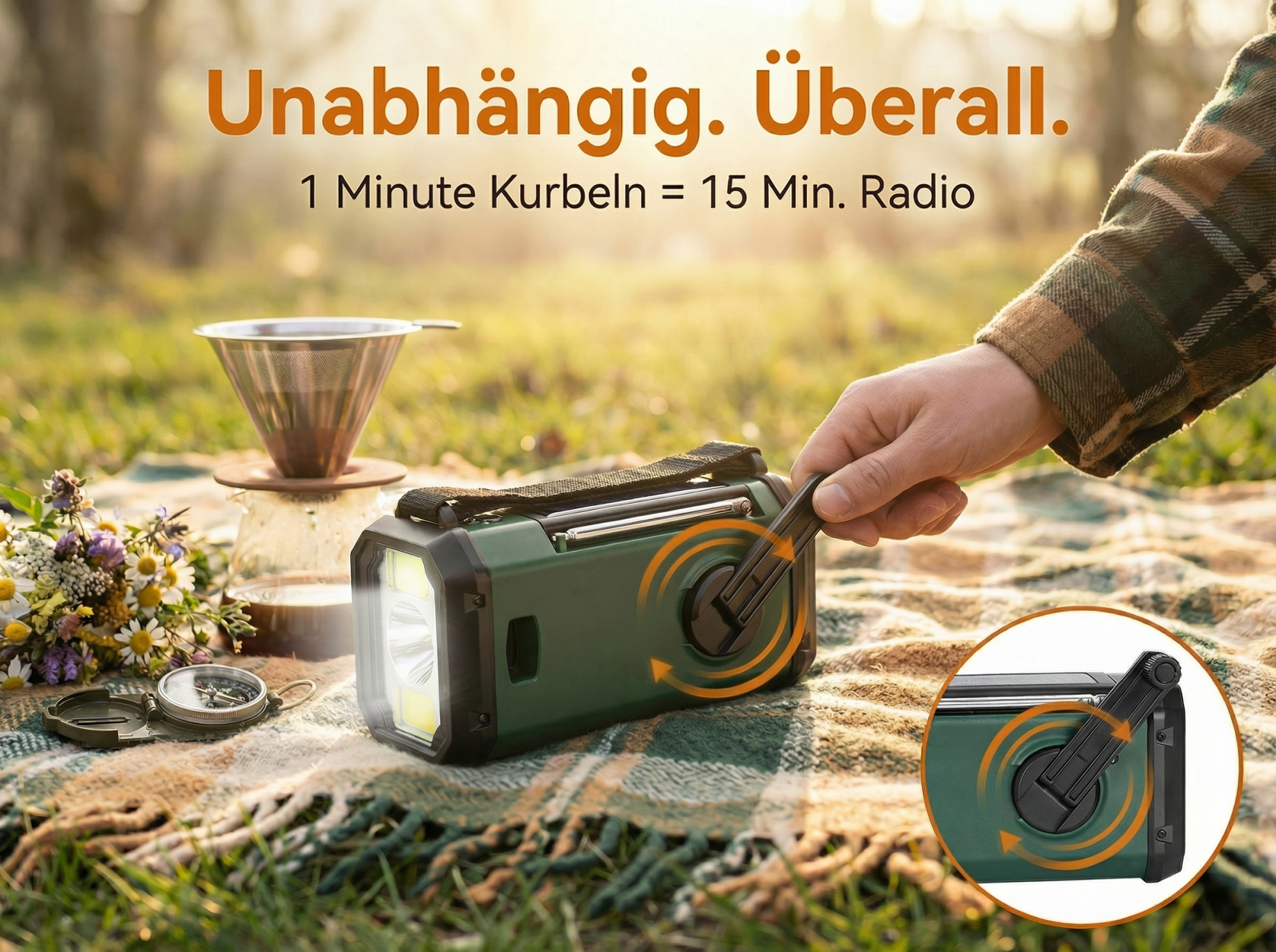 Grünes Kurbelradio mit Lampe, Kompass und Blumen auf Decke im Freien.