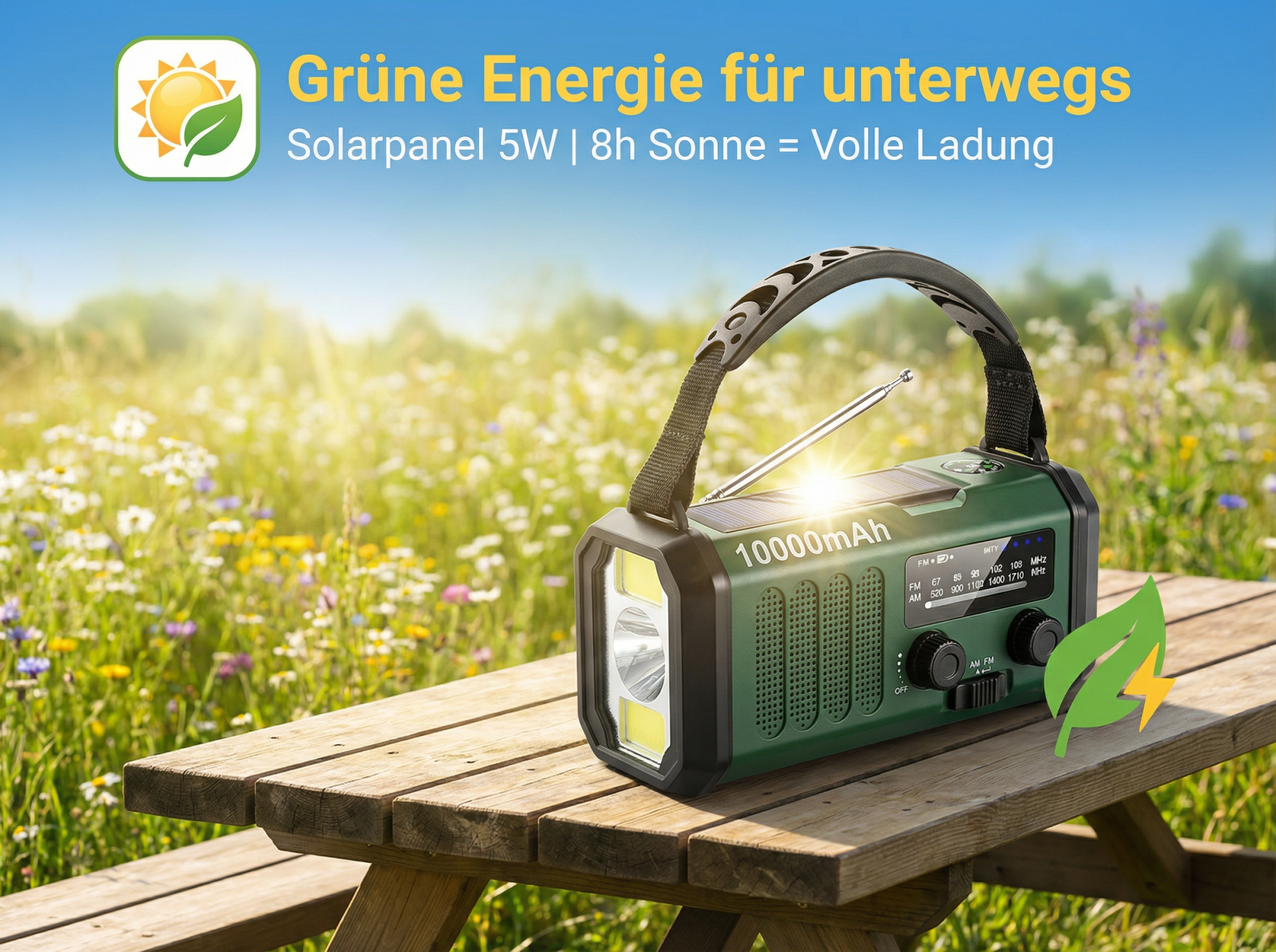 Grünes Radio mit Solarpanel und Taschenlampe auf einem Holztisch in einer Blumenwiese.