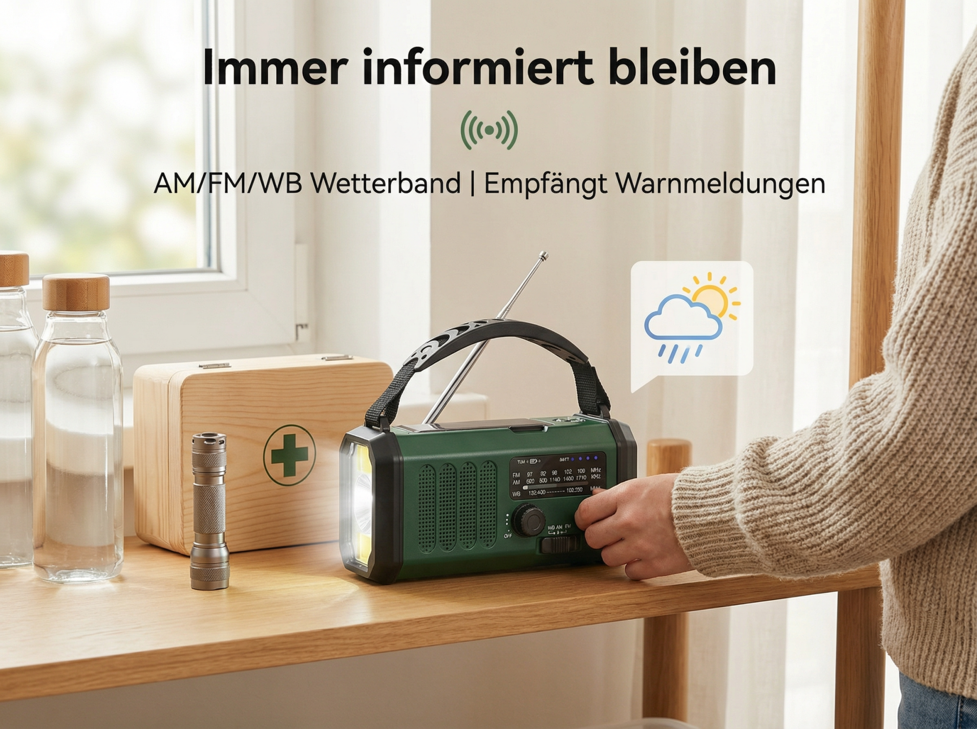 Grünes Notfallradio mit Taschenlampe, Erste-Hilfe-Kasten und Wasserflaschen auf einem Regal.
