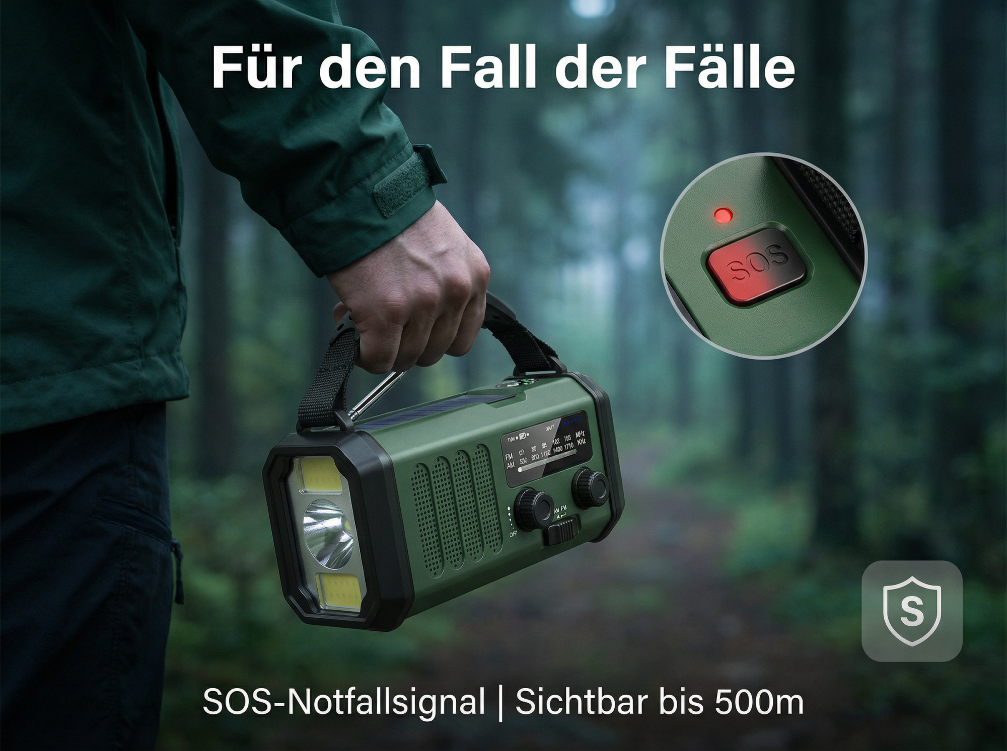 Grüne Notfallradio mit Taschenlampe, gehalten von einer Person im Wald.