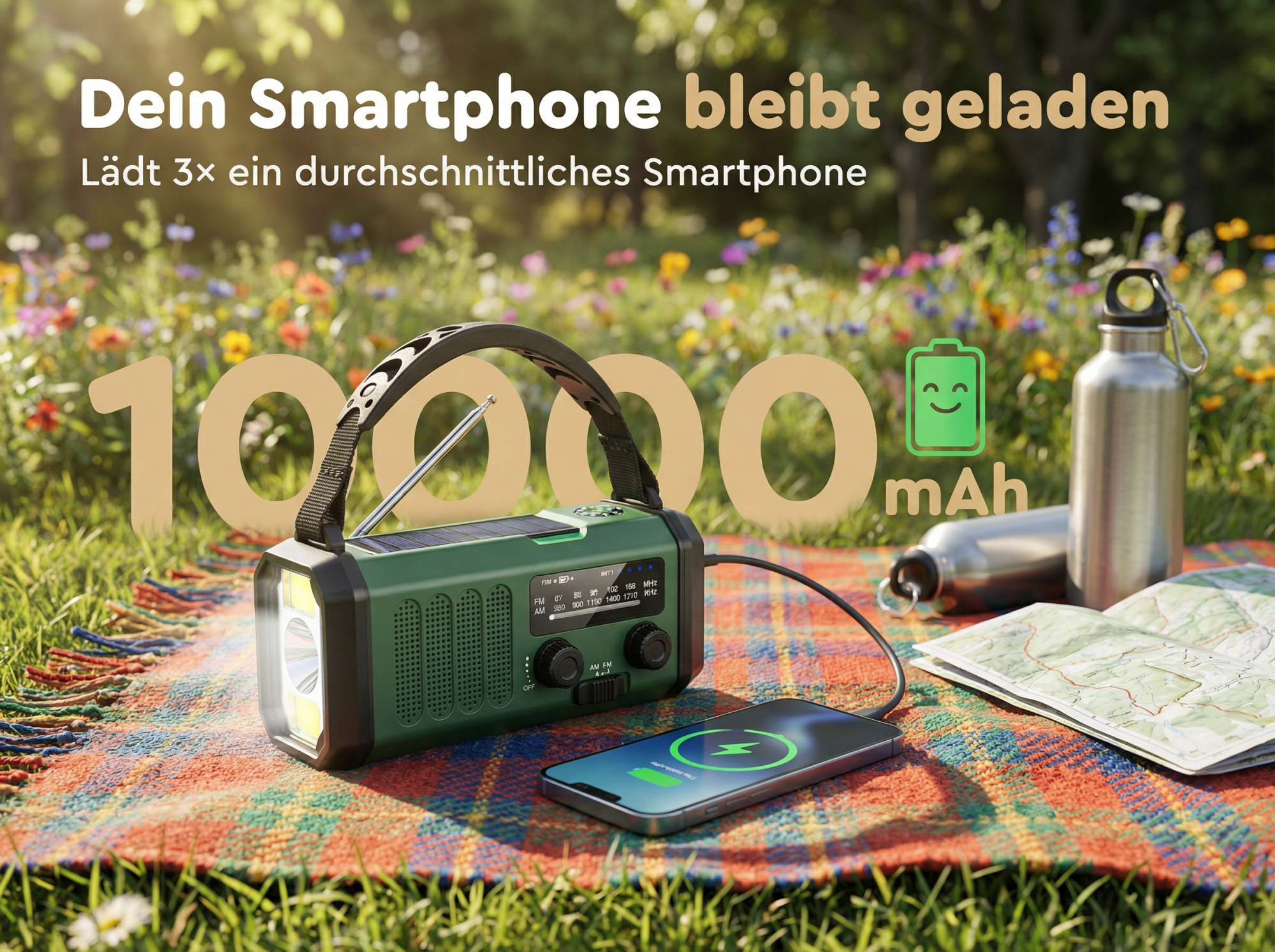 Ein grünes Solarradio lädt ein Smartphone auf einer Decke im Gras.