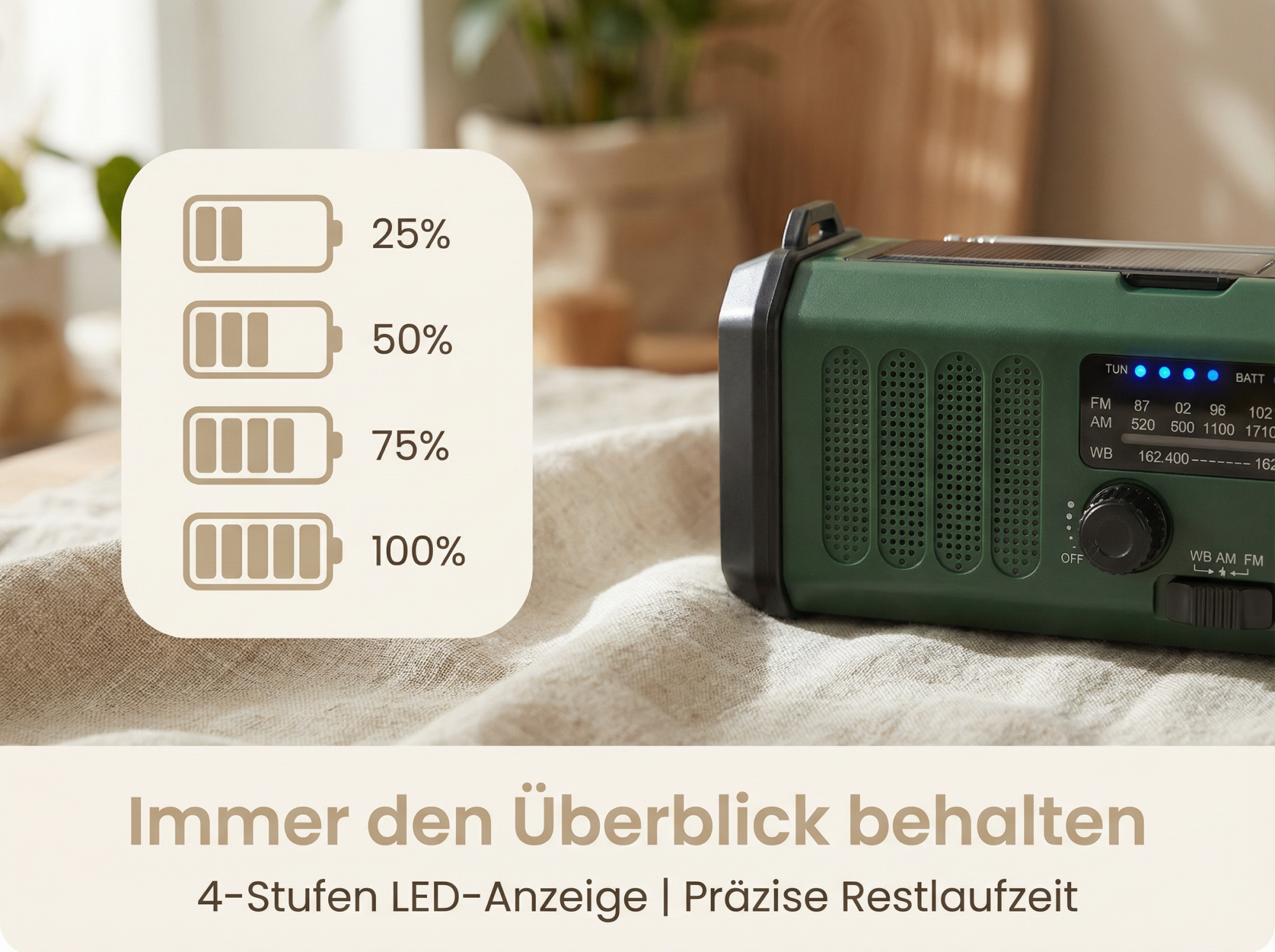 Grünes Radio mit Solarpanel und Batterieanzeige (25-100%) auf Stoff.