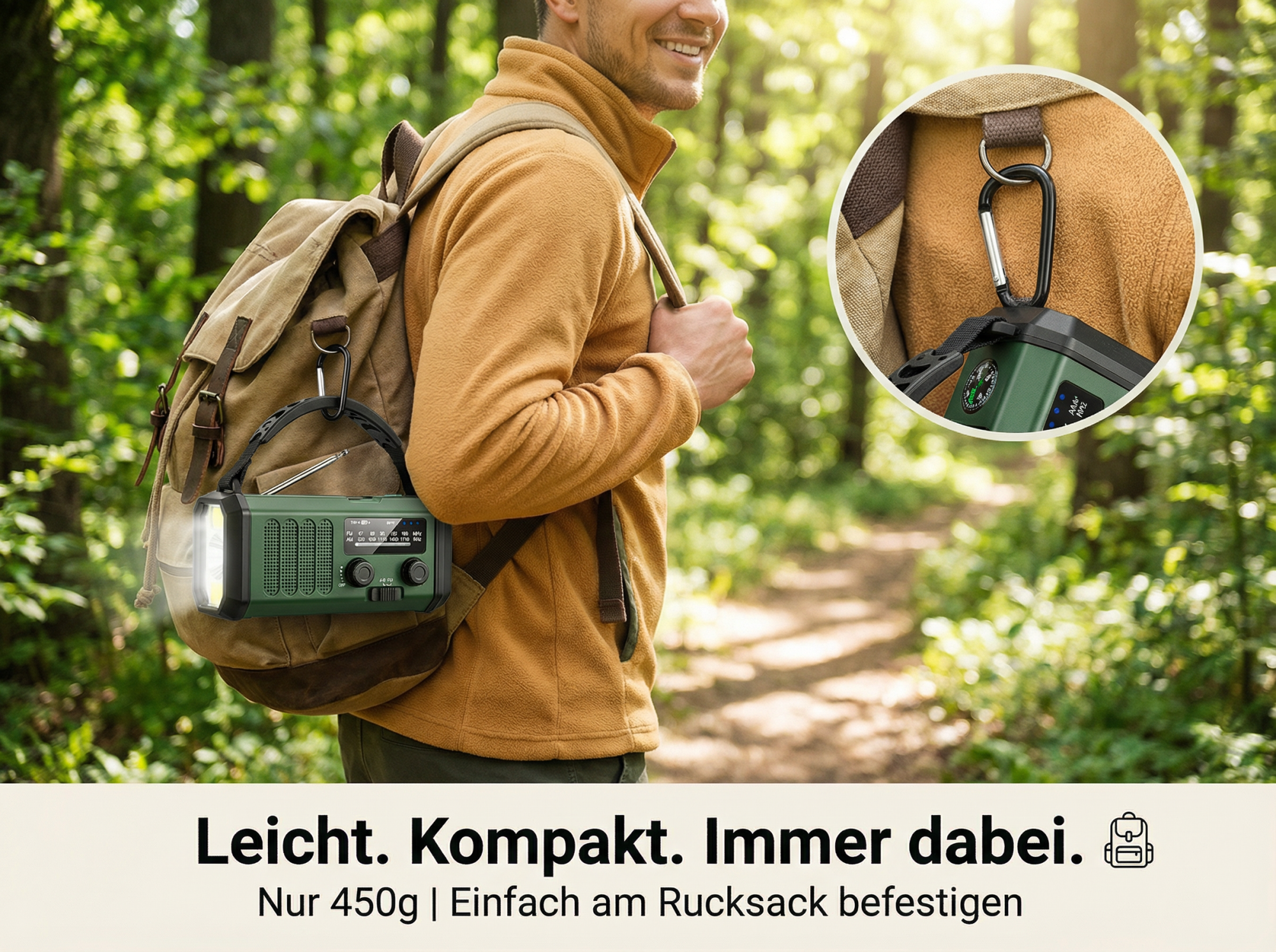 Mann im Wald mit Rucksack und grüner Notfallkurbelradio-Lampe.