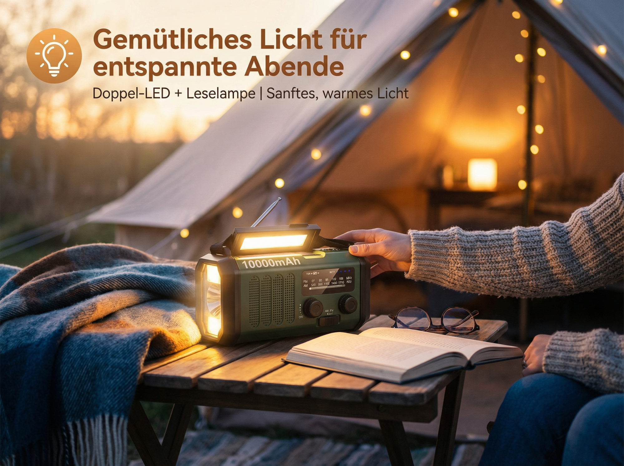 Grünes Radio mit 10000mAh, Licht und Buch auf Holztisch vor Zelt.
