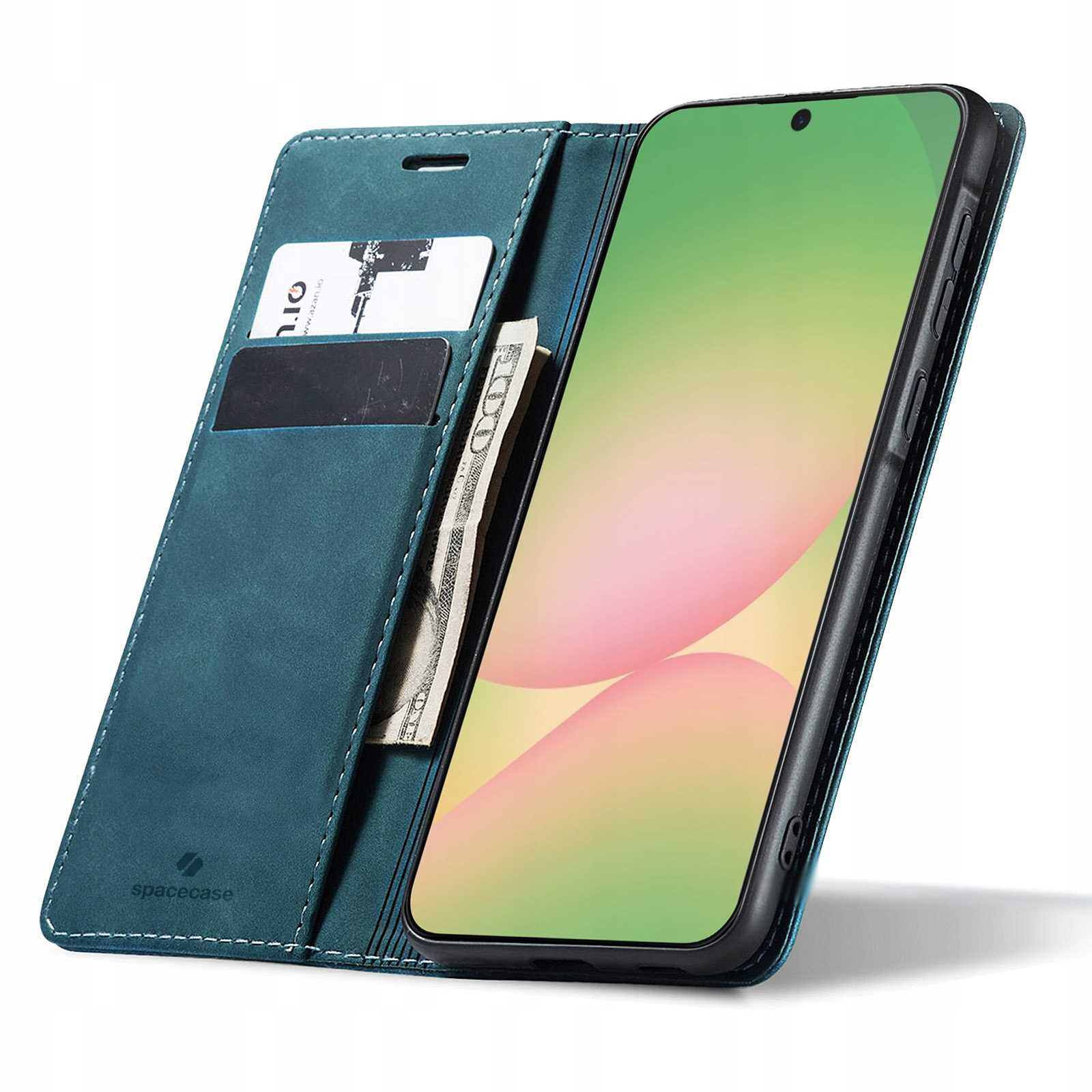 Morska zieleń etui na telefon z kartą i banknotem.