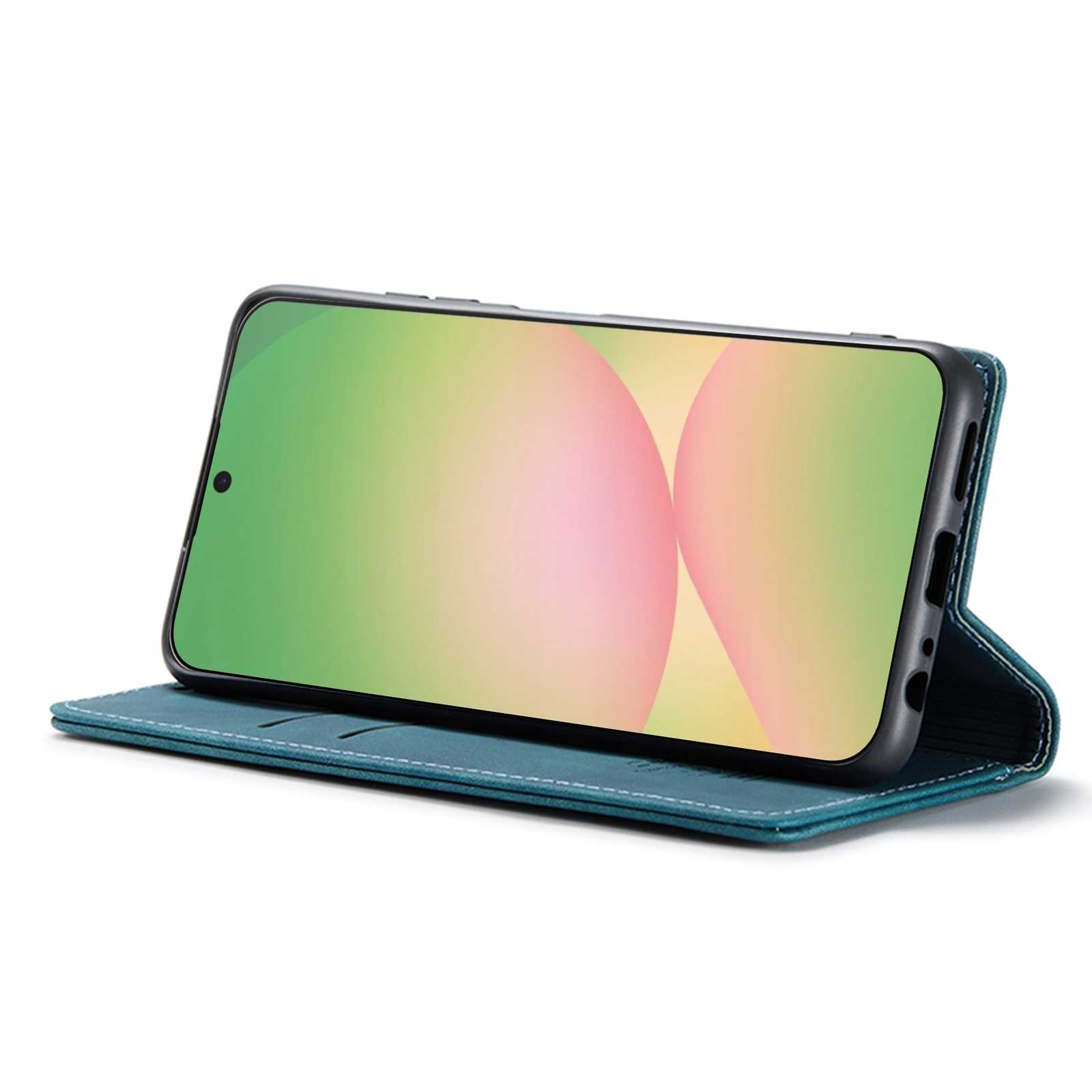 Smartfon w otwartym, turkusowym etui z białymi szwami.