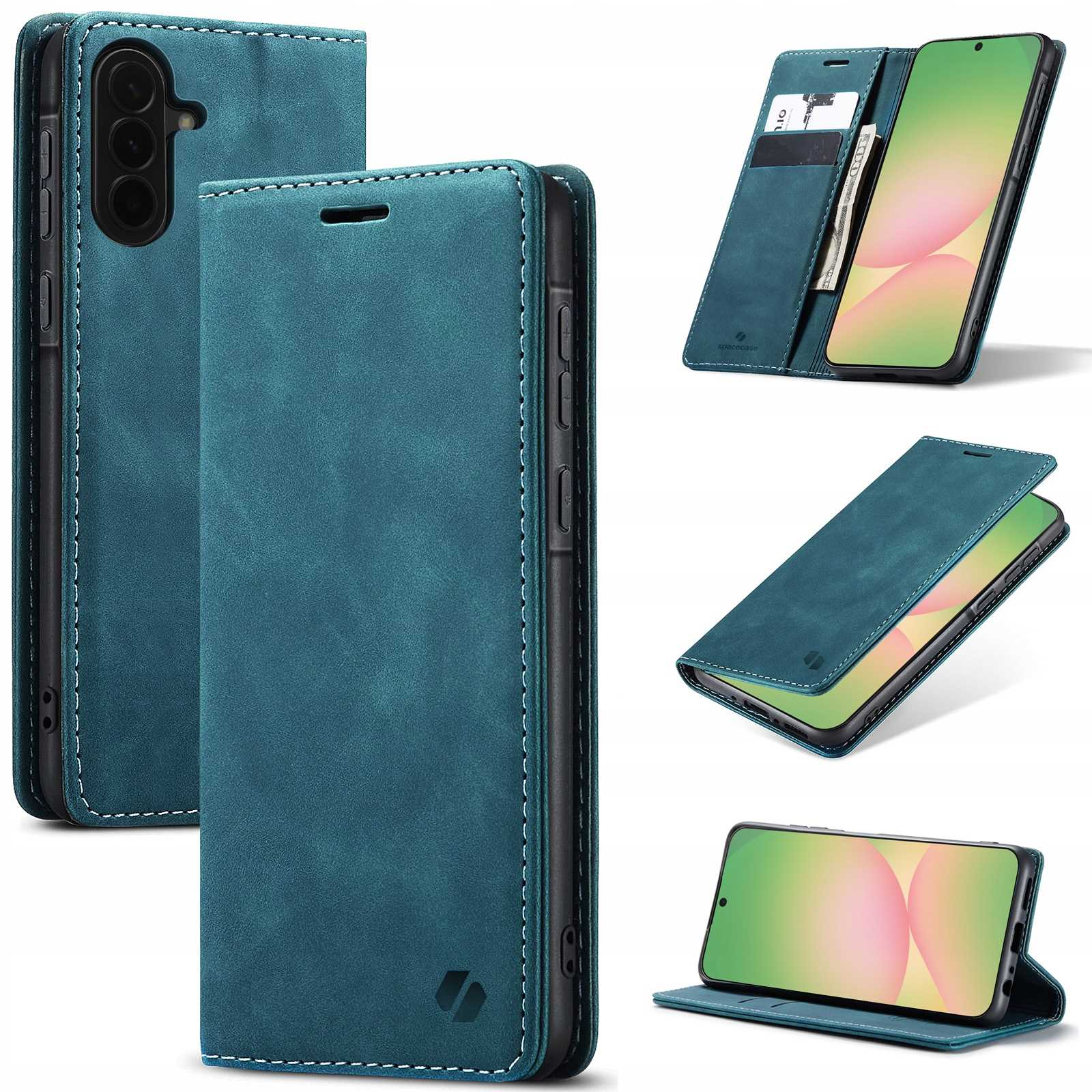 Niebiesko-zielone etui na telefon z miejscami na karty i smartfonem.