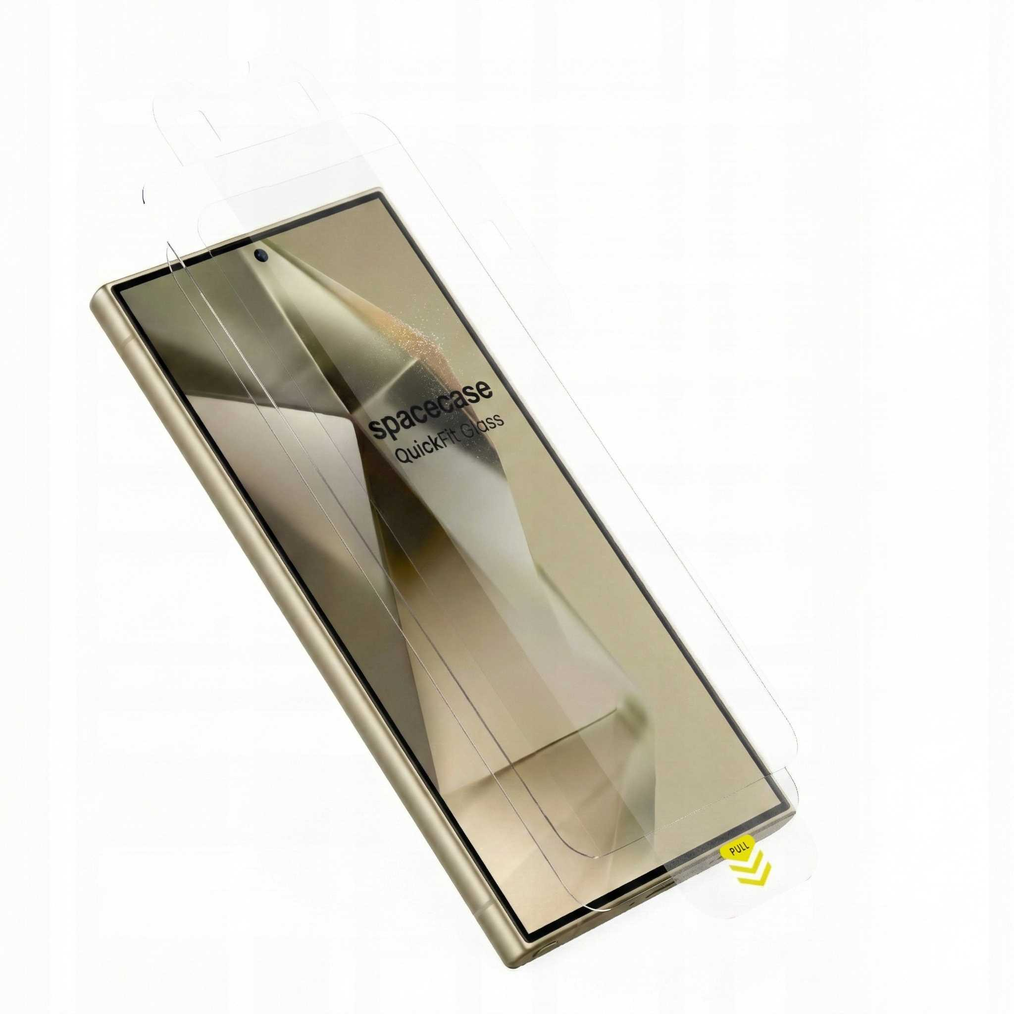 Złota osłona ekranu smartfona z marką "spacecase QuickFit Glass".