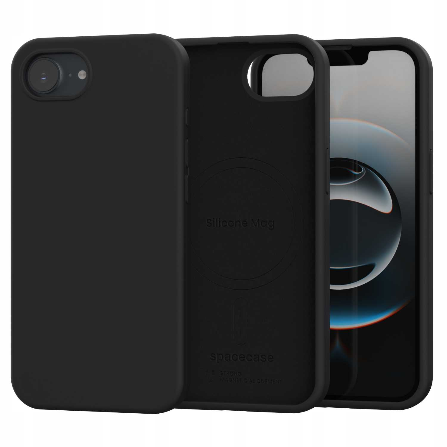 Czarne silikonowe etui na telefon z pierścieniem magnetycznym, obok iPhone'a.