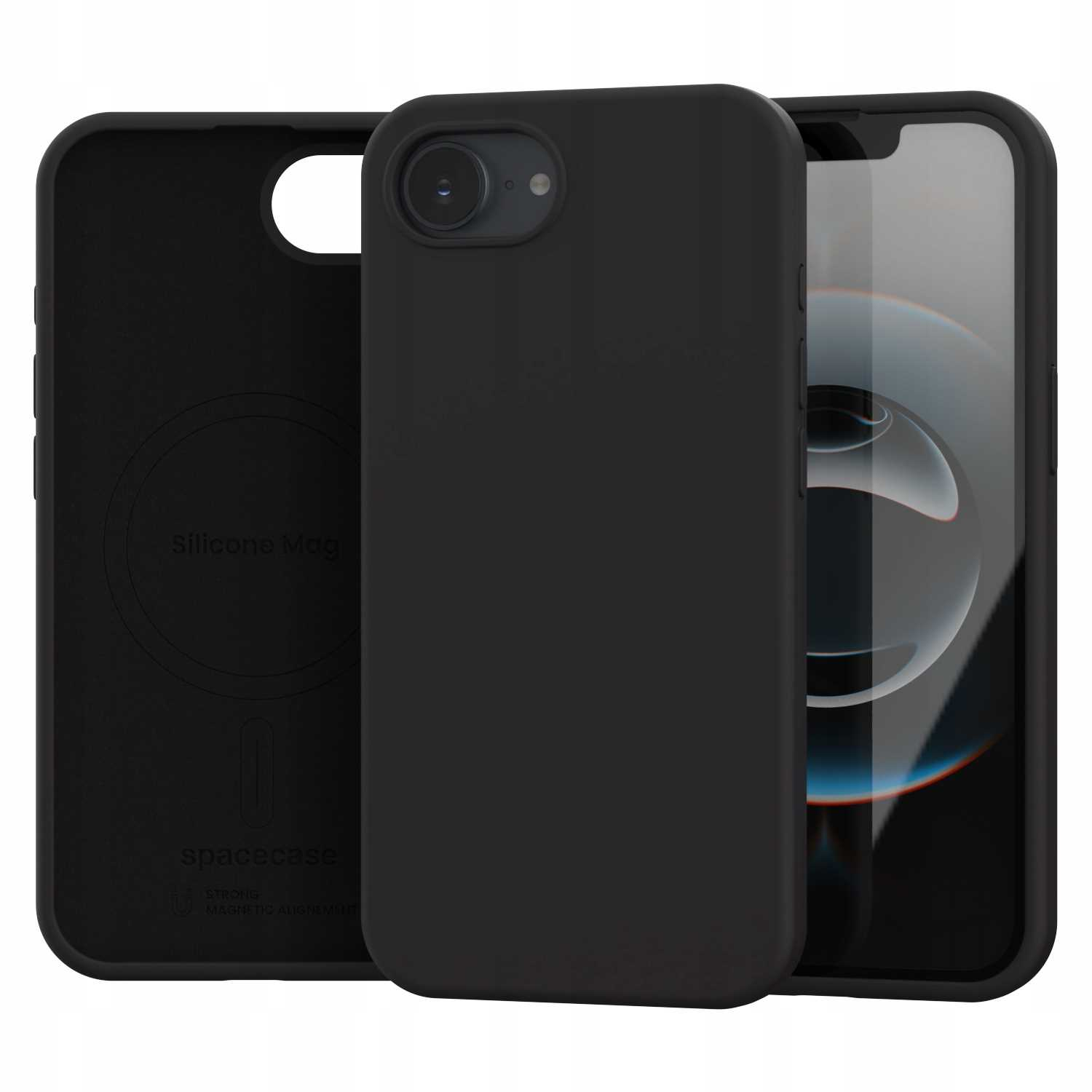 Czarne silikonowe etui na telefon z pierścieniem magnetycznym i częścią iPhone'a.