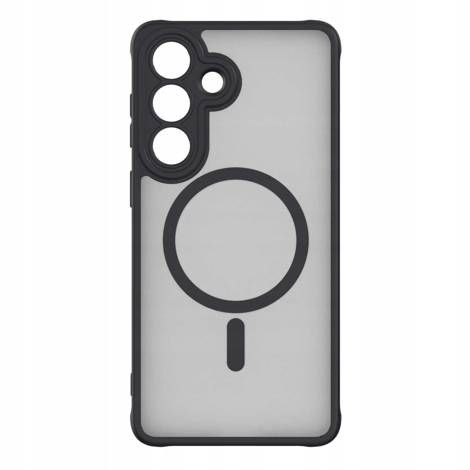 Czarne etui na telefon z przezroczystym tyłem, wycięciem na aparat i magnetycznym kołem.
