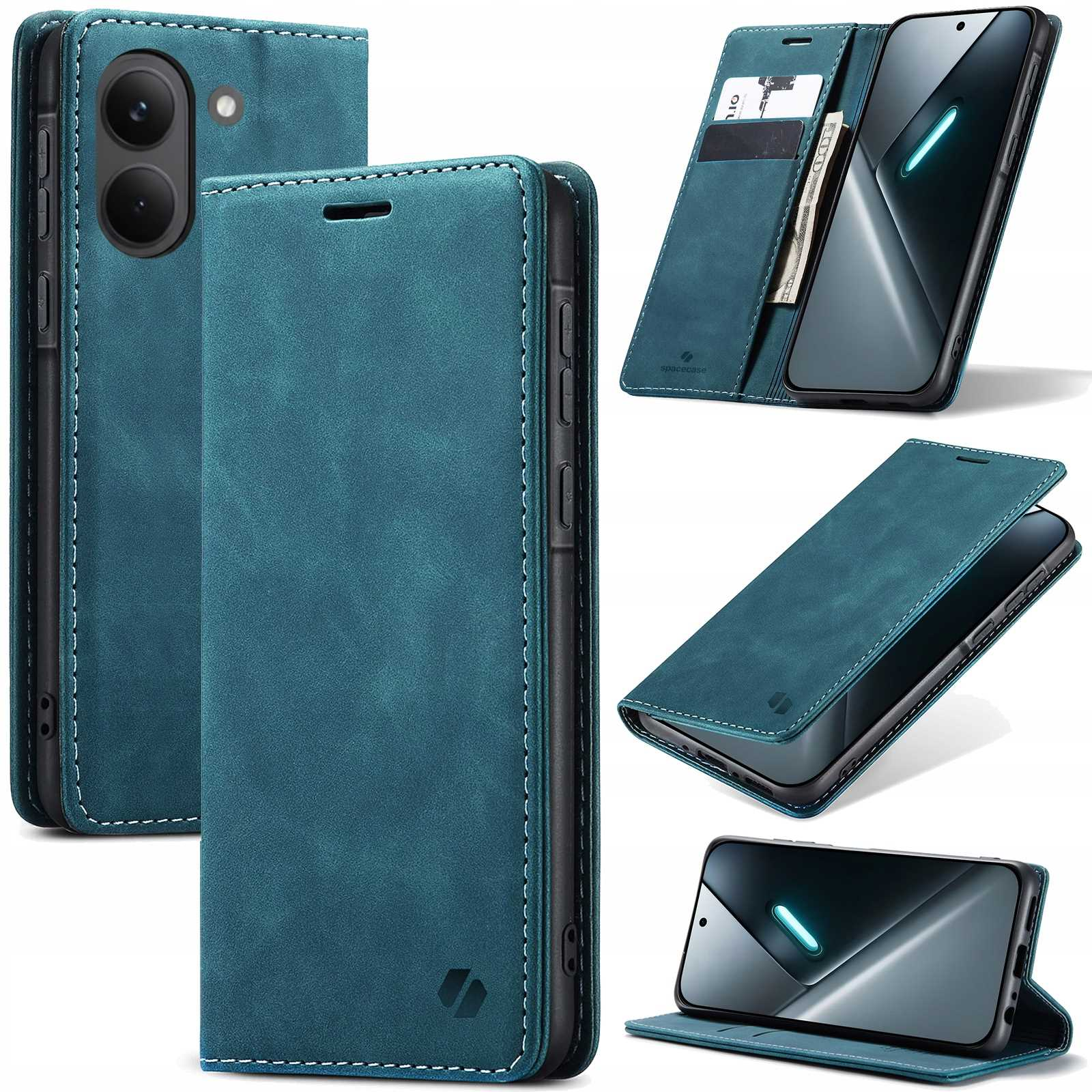 Niebiesko-zielone etui z klapką na telefon z miejscem na karty.