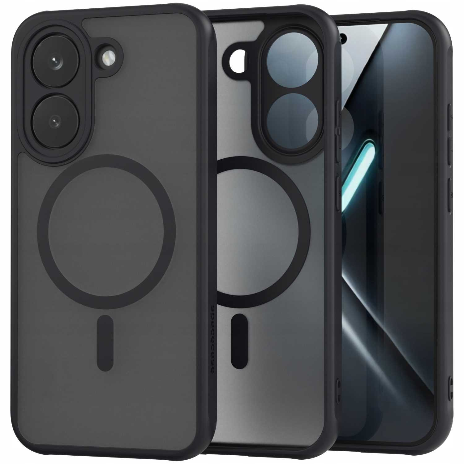 Trzy czarne etui na telefon z kółkiem MagSafe i wycięciem na aparat.