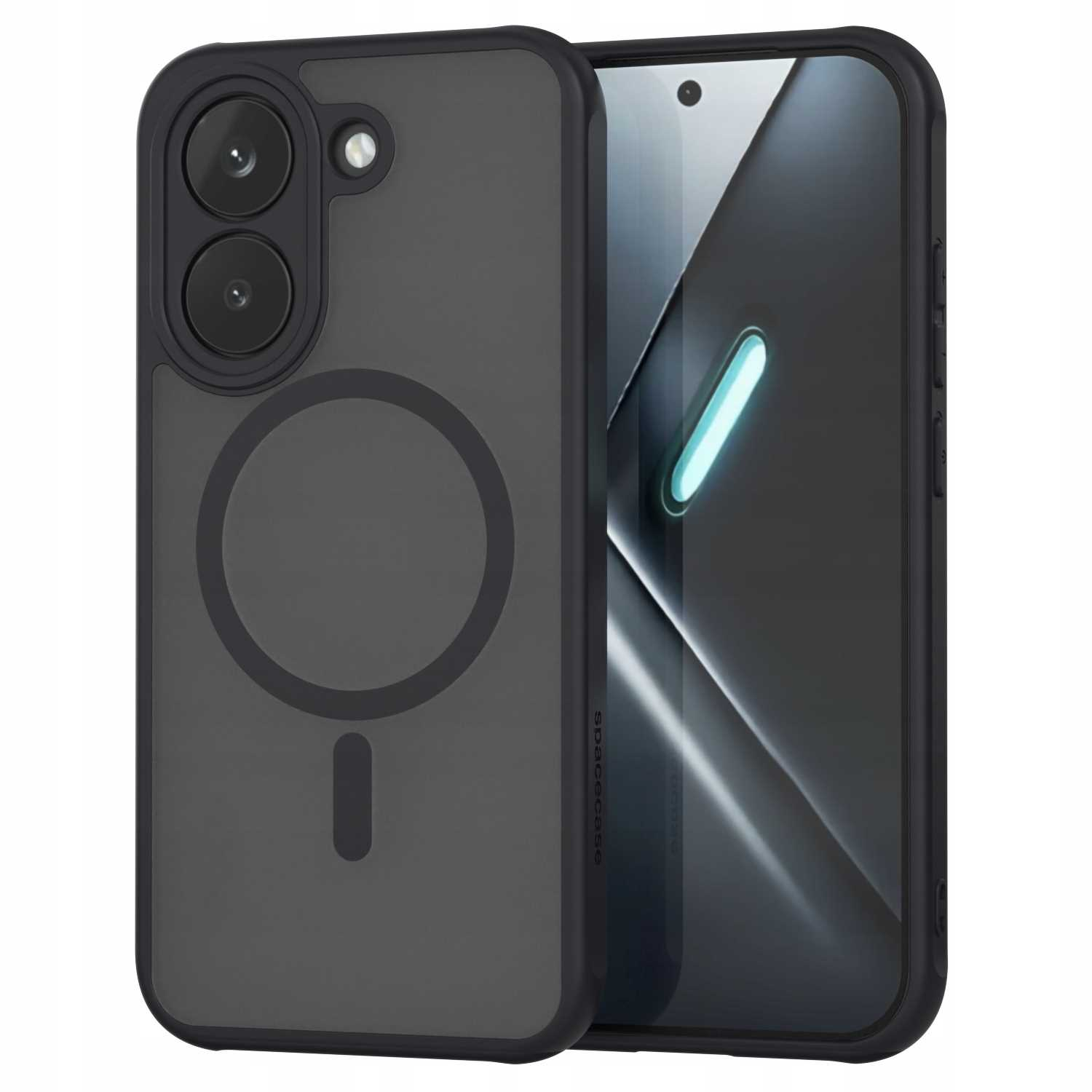 Czarne etui na telefon z pierścieniem magnetycznym obok otwartego smartfona.