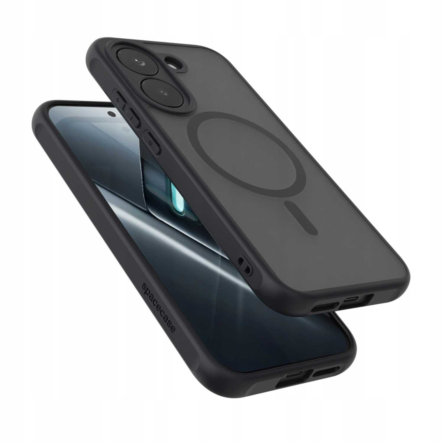 Czarne etui na telefon z kółkiem MagSafe na przezroczystym tle.