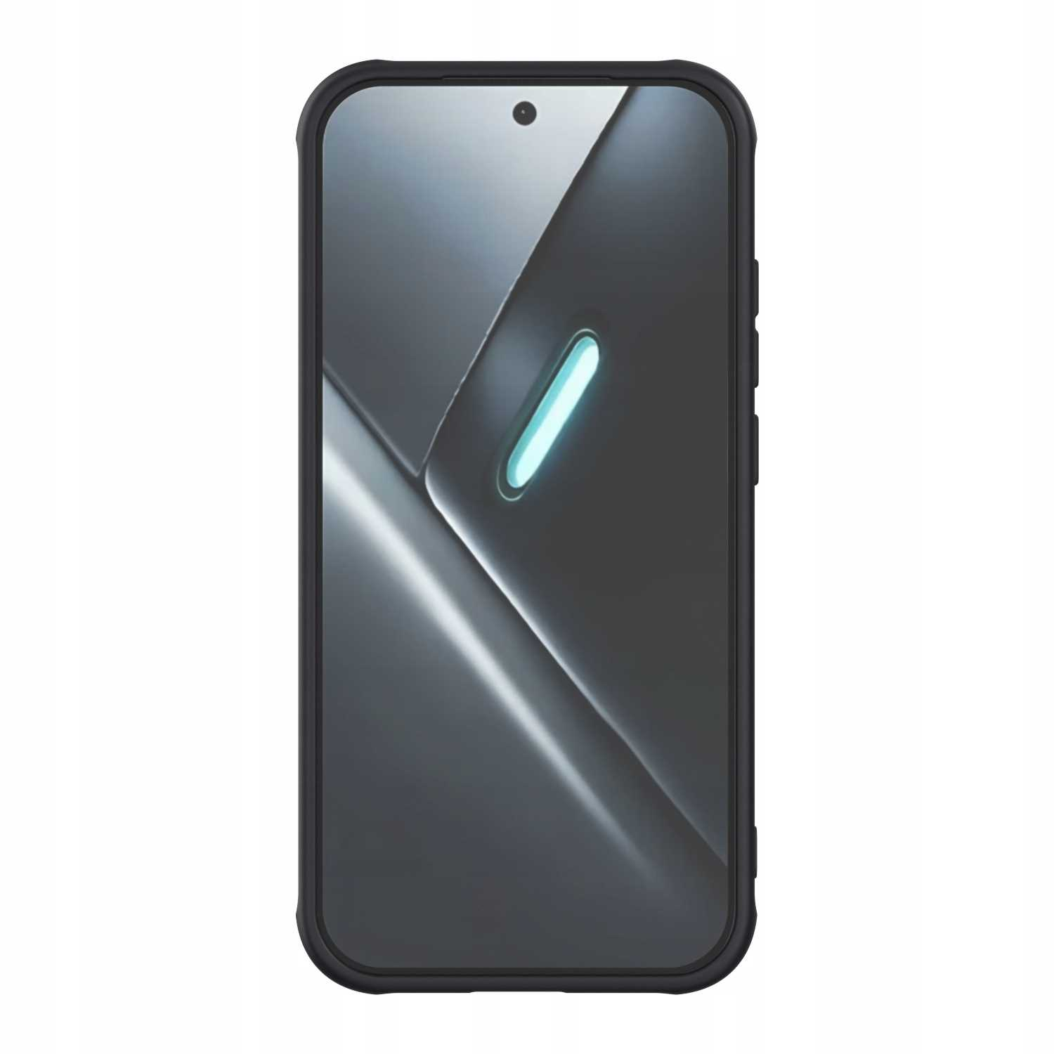 Czarny smartfon z futurystycznym szarym tłem i niebieskim paskiem światła.