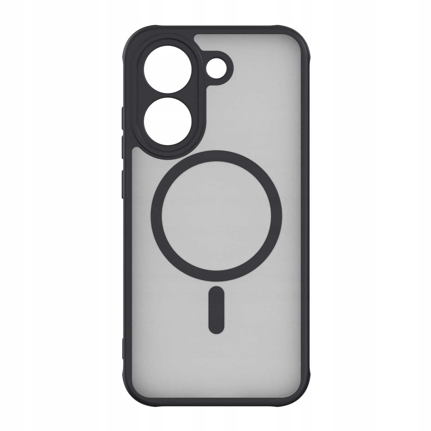 Czarny, przezroczysty pokrowiec na telefon z okrągłym wycięciem i dwoma otworami na aparat.