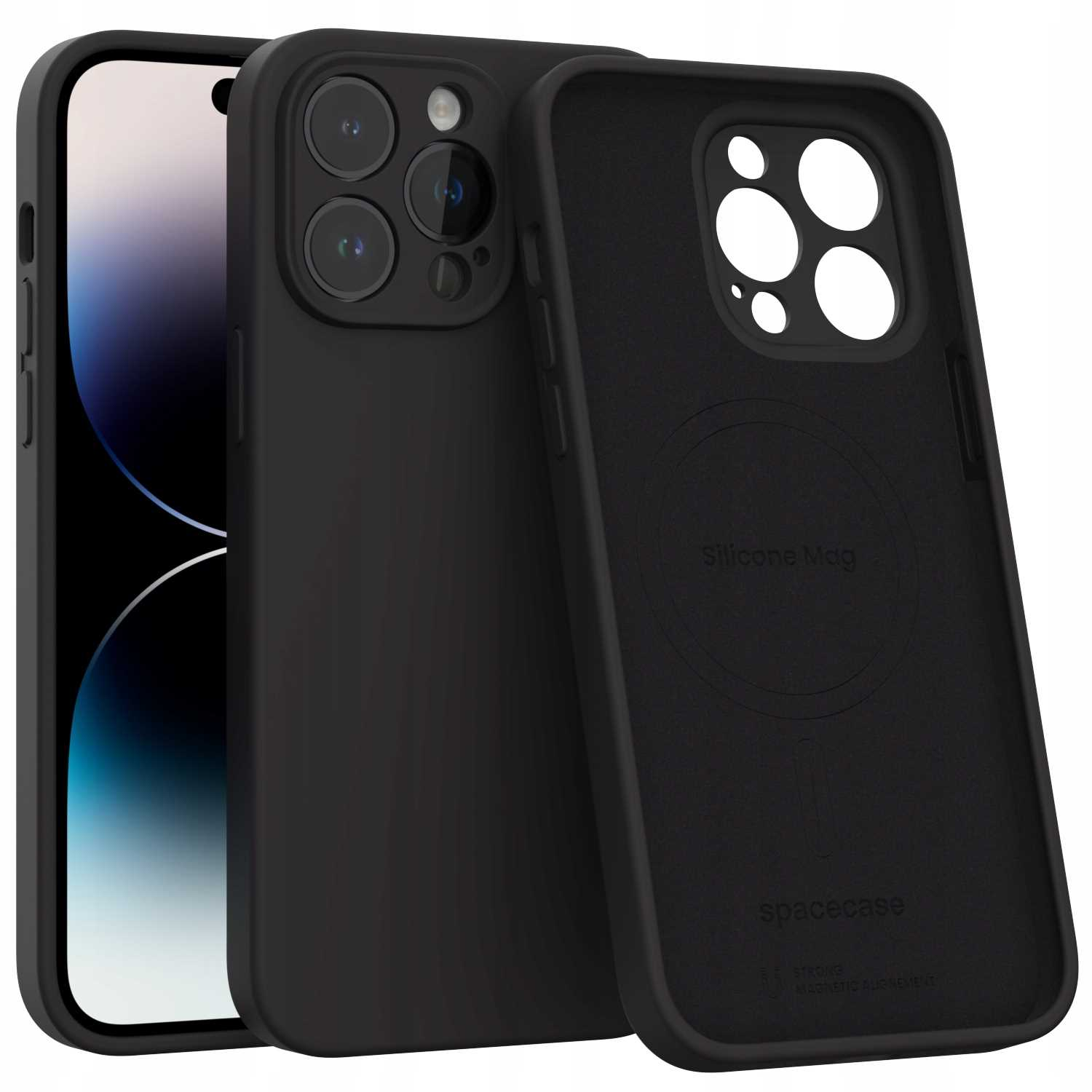 Czarny iPhone z etui, pokazany z przodu i z tyłu.