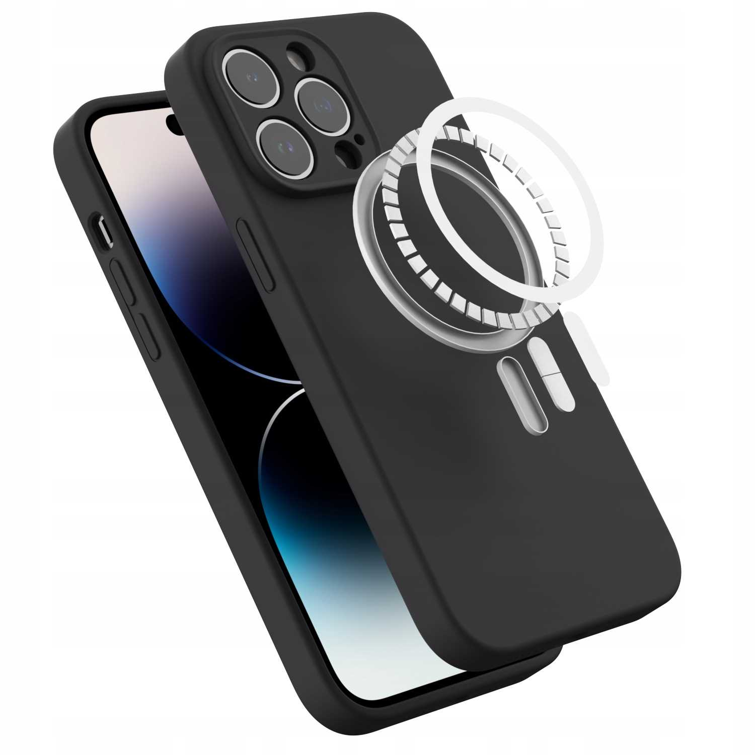 Czarne etui na telefon z pierścieniem magnetycznym do obiektywów iPhone.