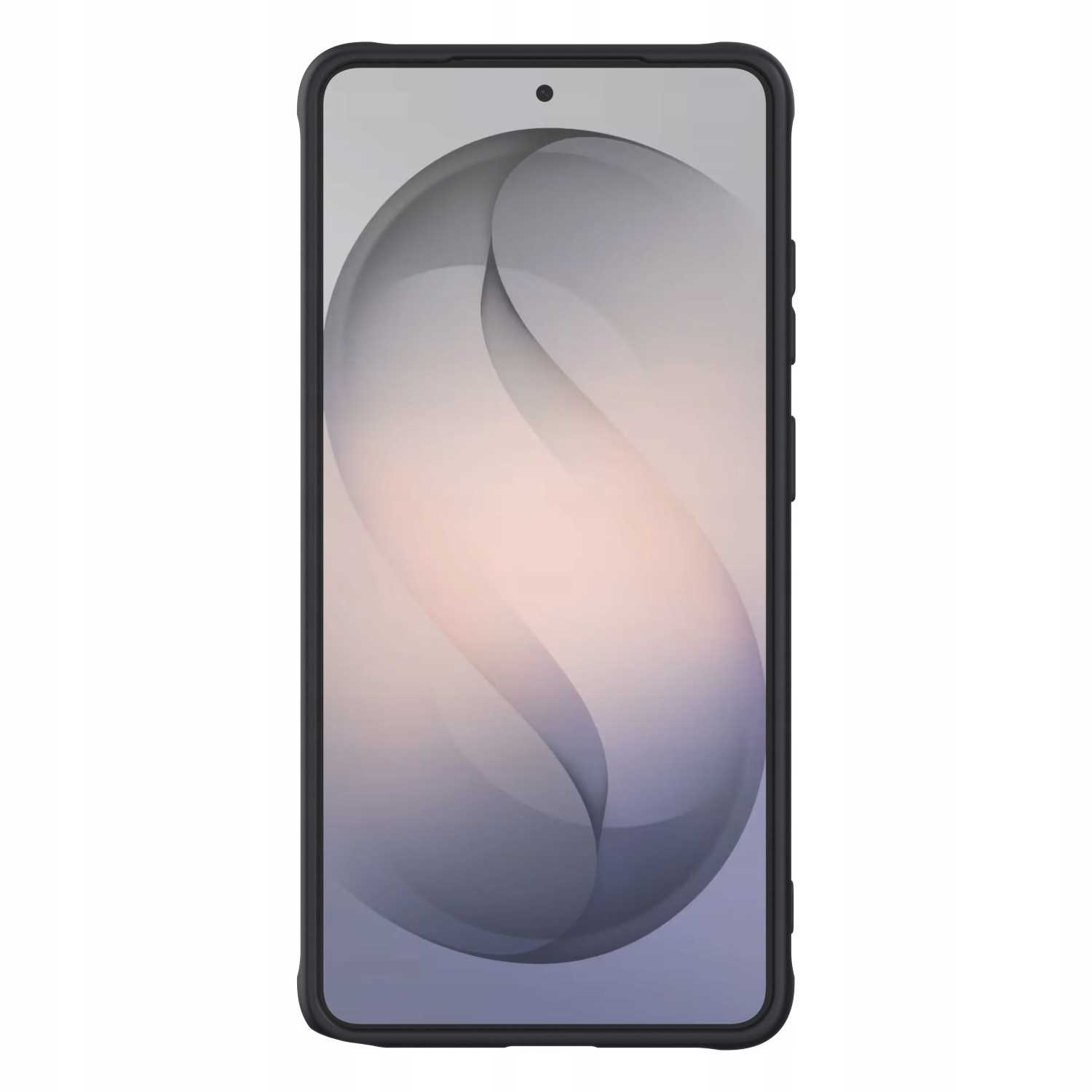 Czarny smartfon z abstrakcyjną tapetą w gradientowych kolorach.