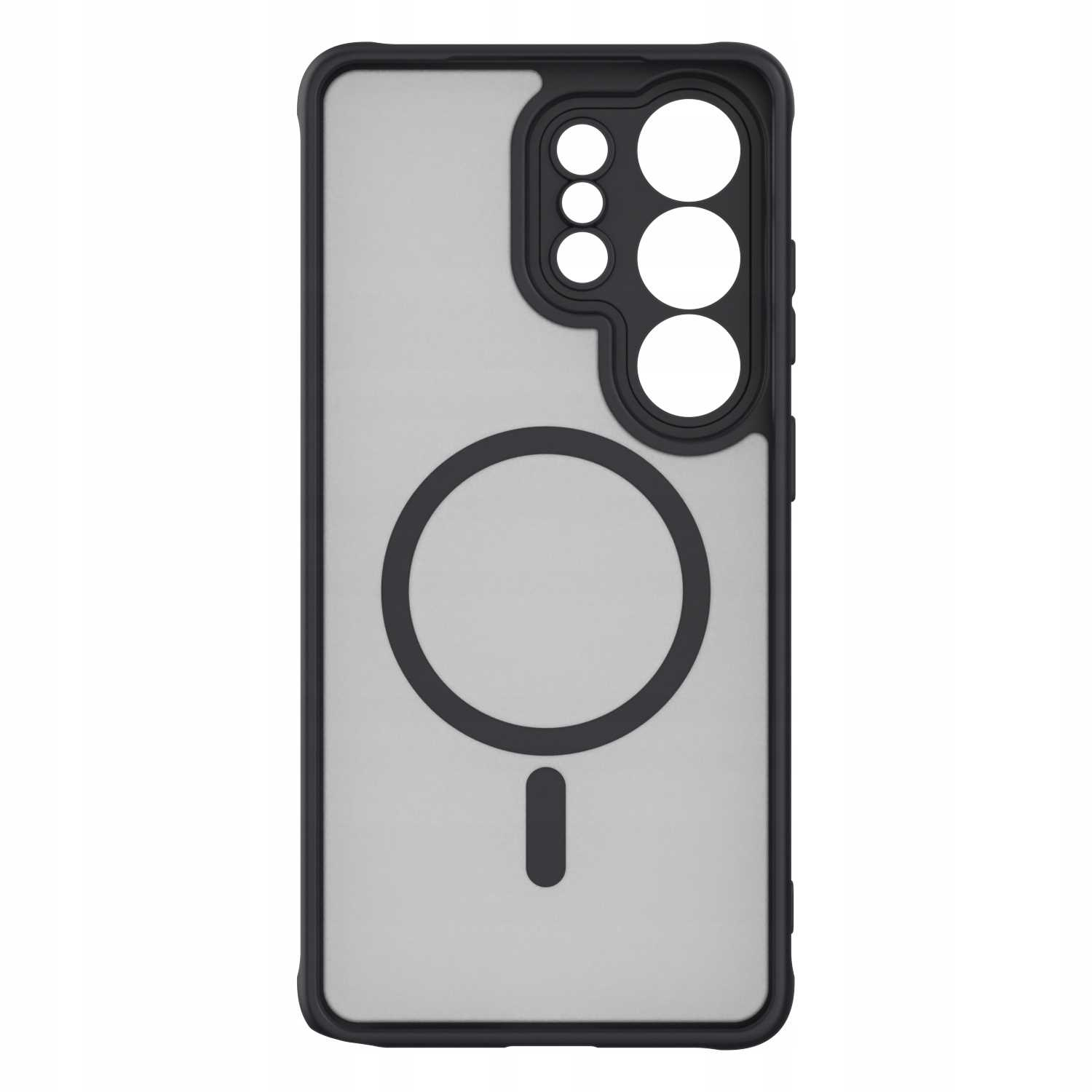 Czarne etui na telefon z okrągłym pierścieniem magnetycznym i wycięciami.