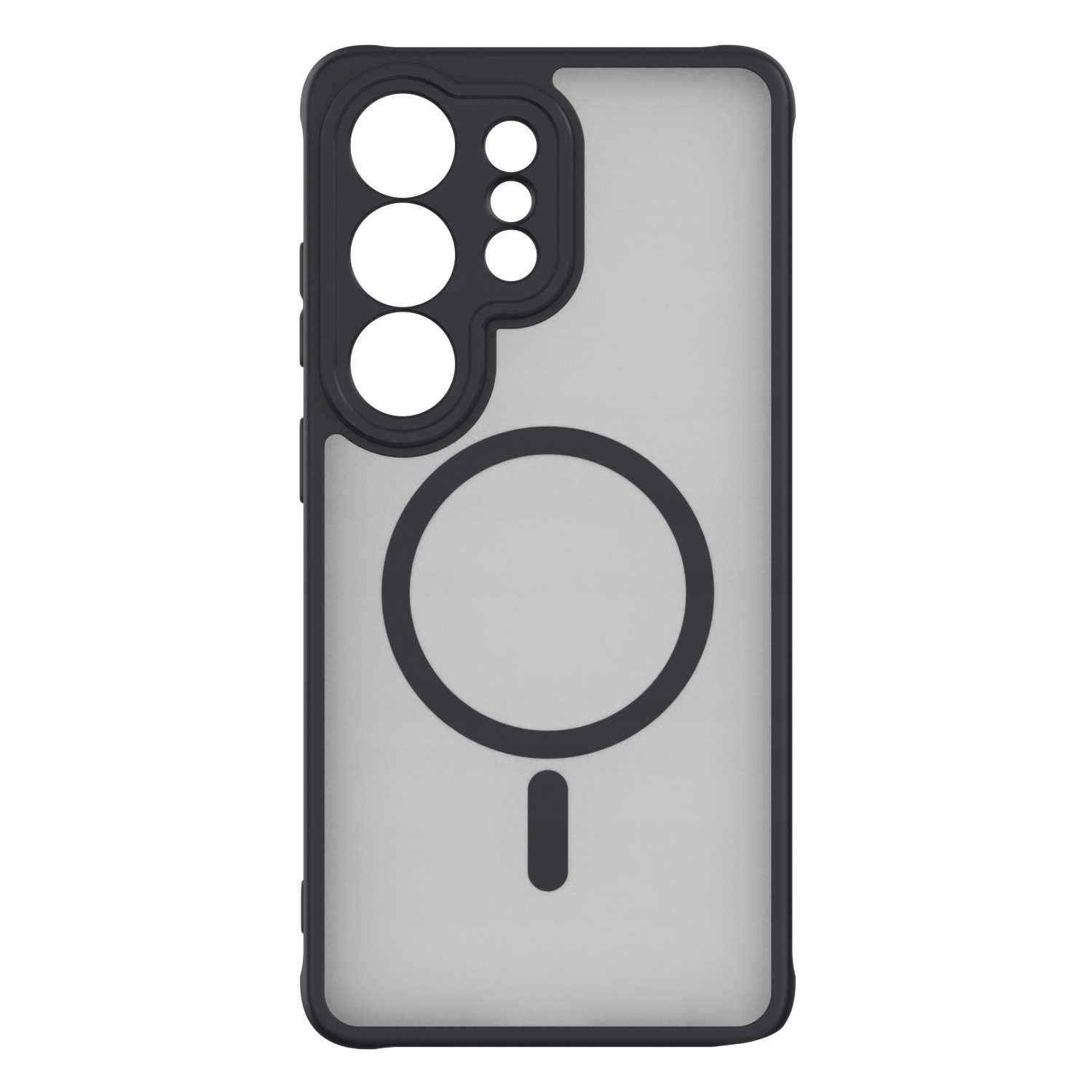 Czarne etui na telefon z przezroczystym tyłem i pierścieniem magnetycznym.