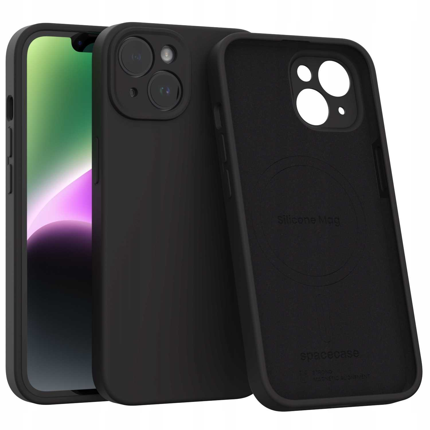 Czarny iPhone z silikonowym etui, tył pokazuje aparat i wnętrze etui z tekstem.