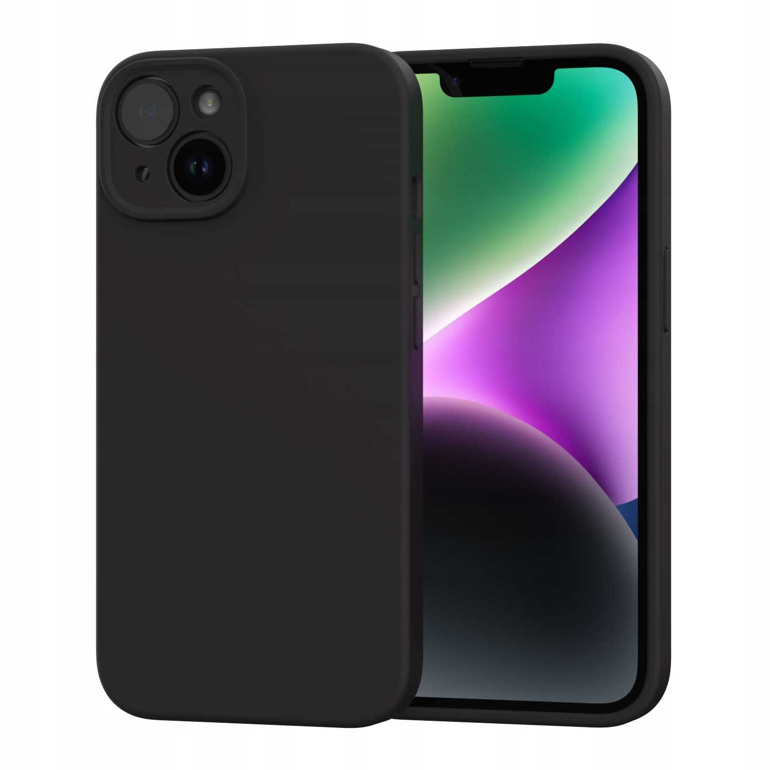 Czarna obudowa telefonu nachodzi na smartfon z fioletowymi i zielonymi tapetami.