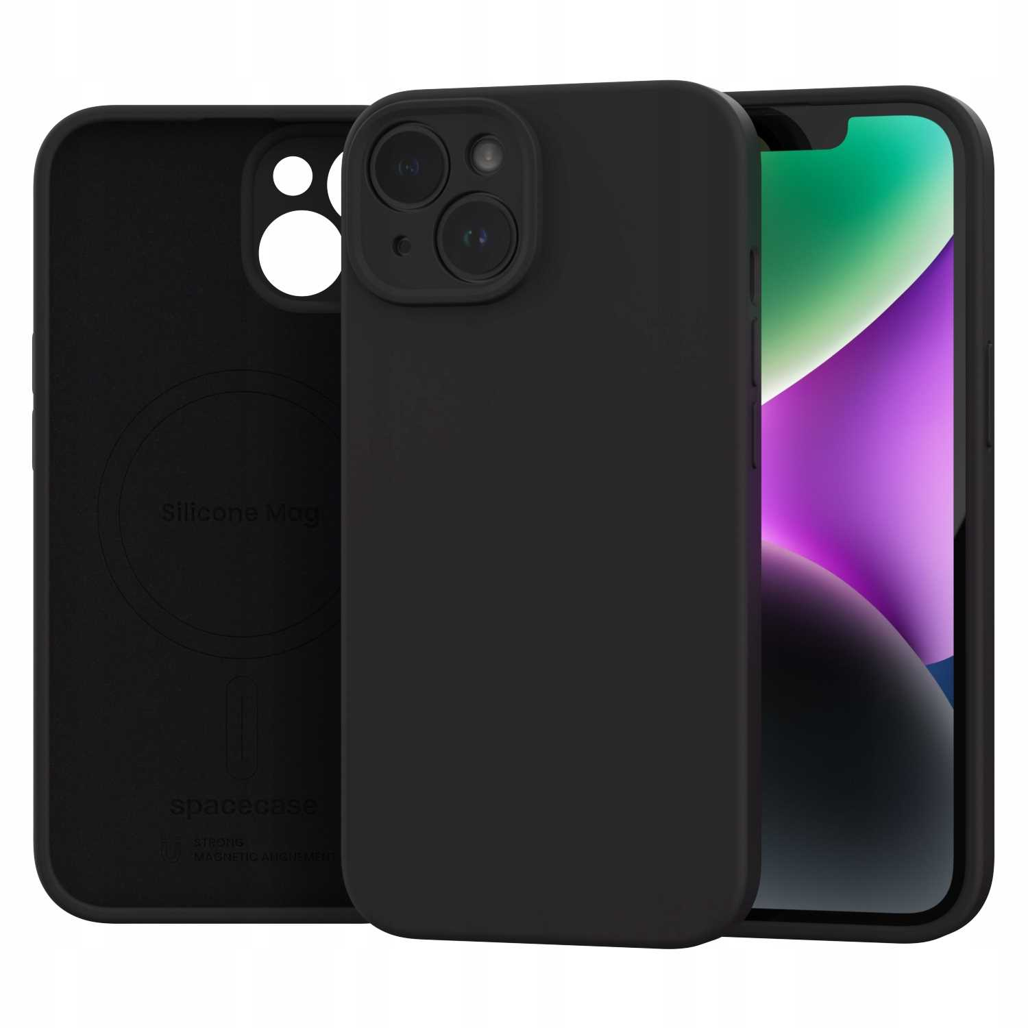 Czarna silikonowa obudowa telefonu z wycięciem na aparat, obok ekranu iPhone.