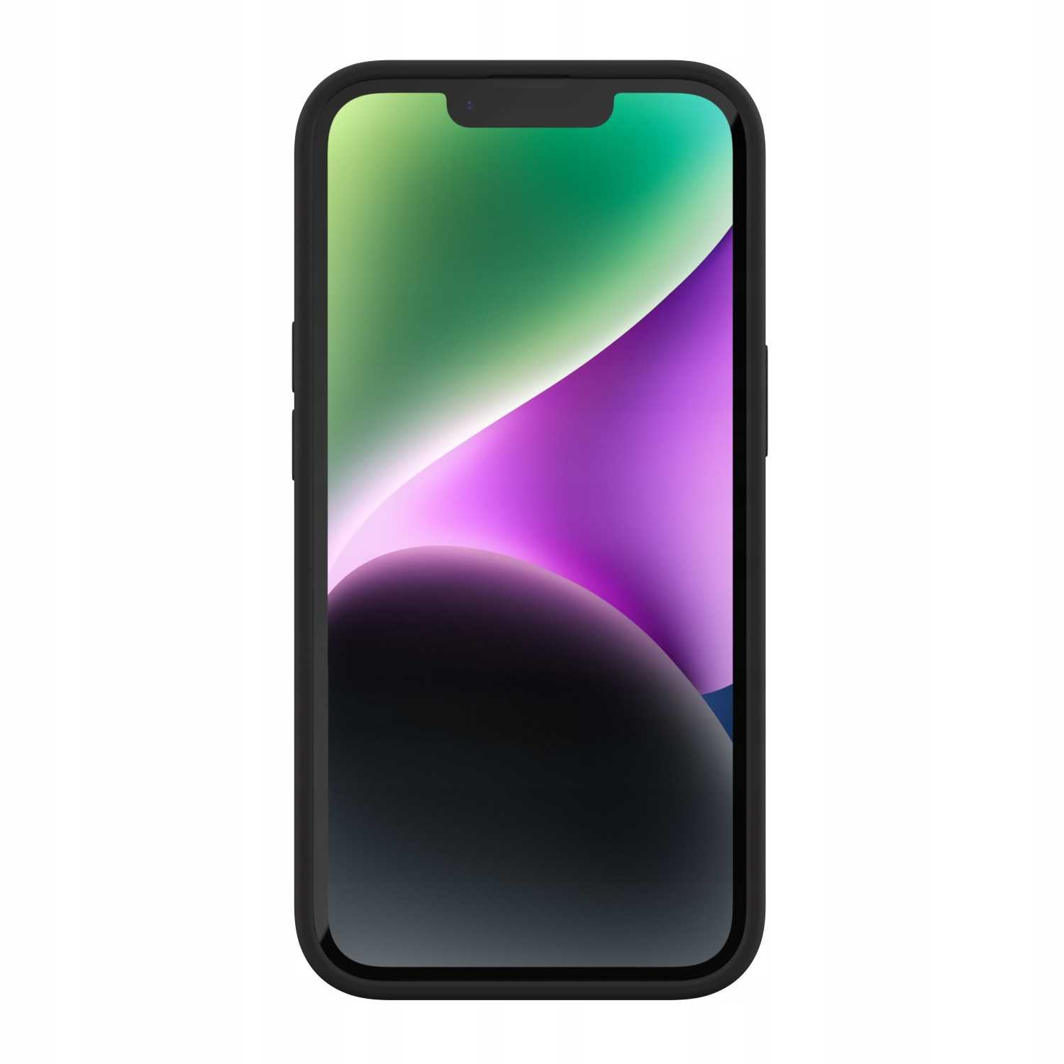 Czarny smartfon z ciemnym, fioletowym i zielonym tłem ekranu.
