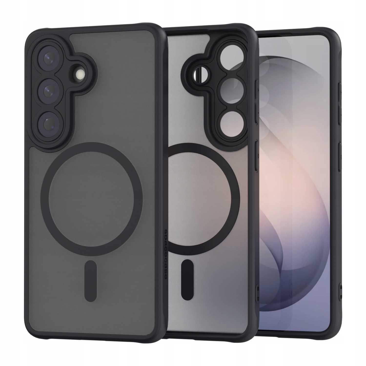 Trzy czarne etui na telefon z pierścieniami magnetycznymi i wycięciami.