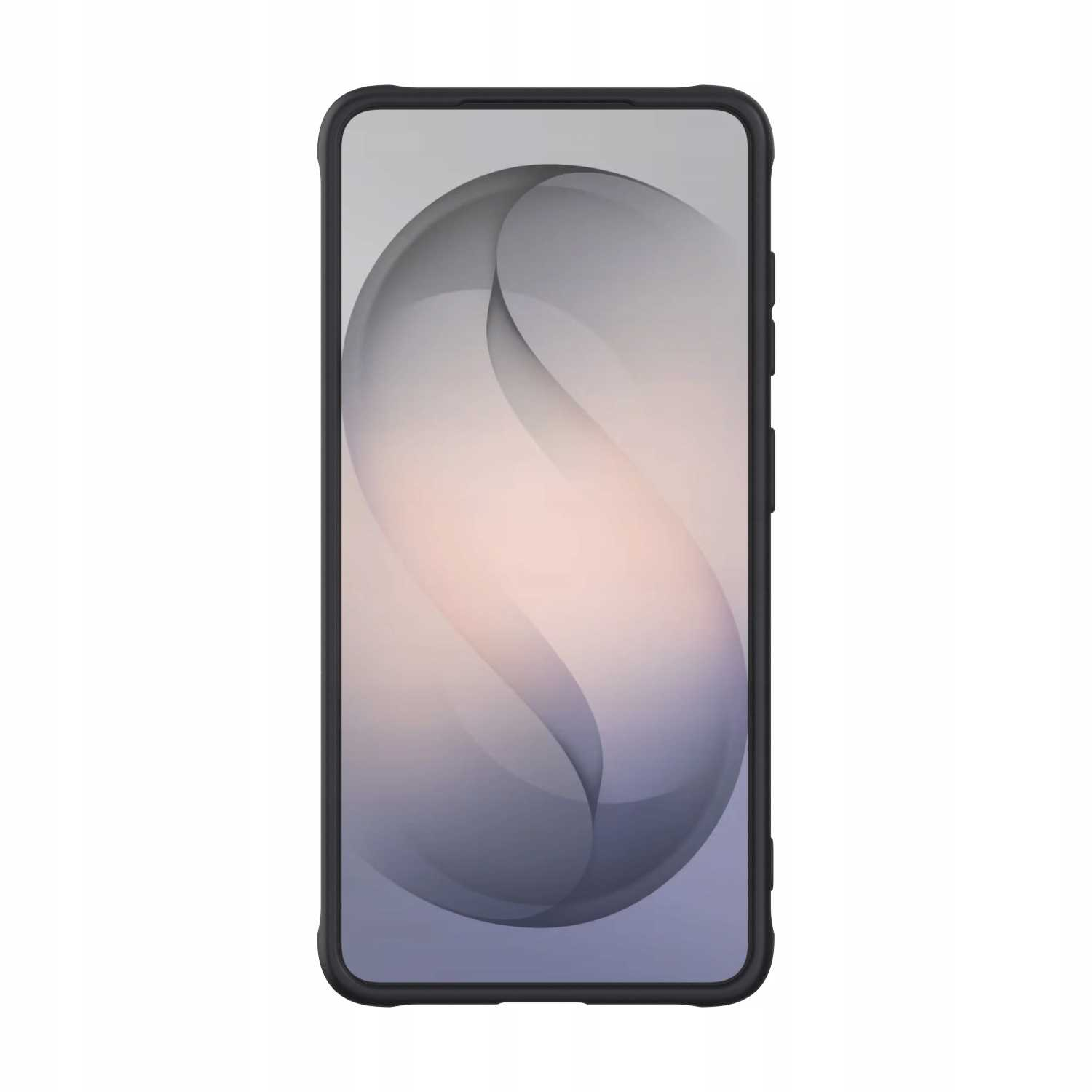 Czarny smartfon z abstrakcyjnym szaro-różowym tłem wyświetlanym na ekranie.