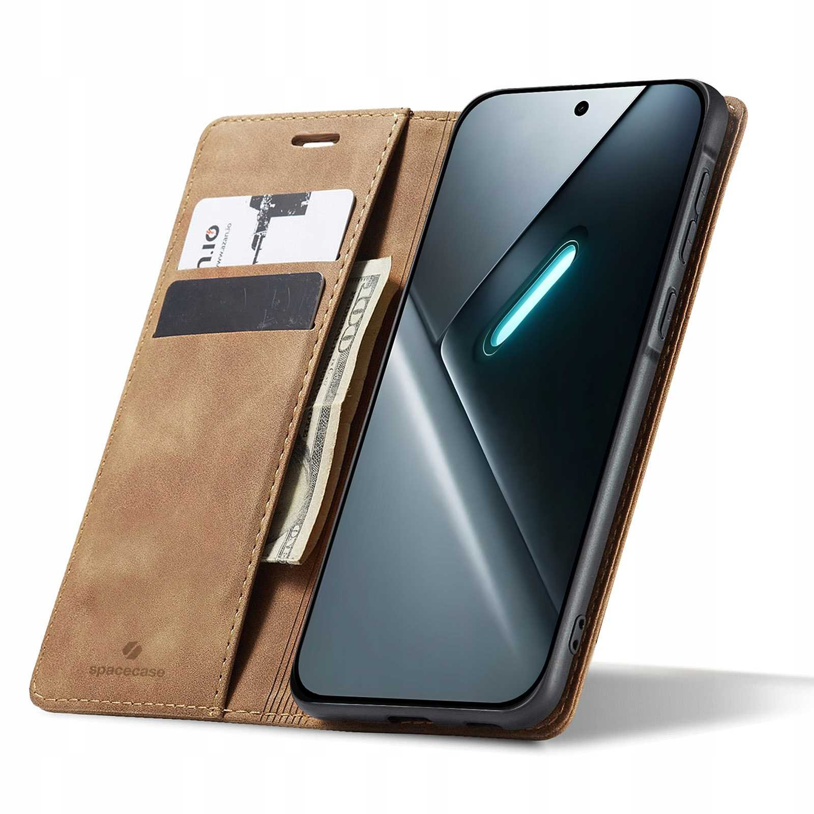 Brązowe etui z klapką na smartfon z miejscami na karty i kieszonką na pieniądze.