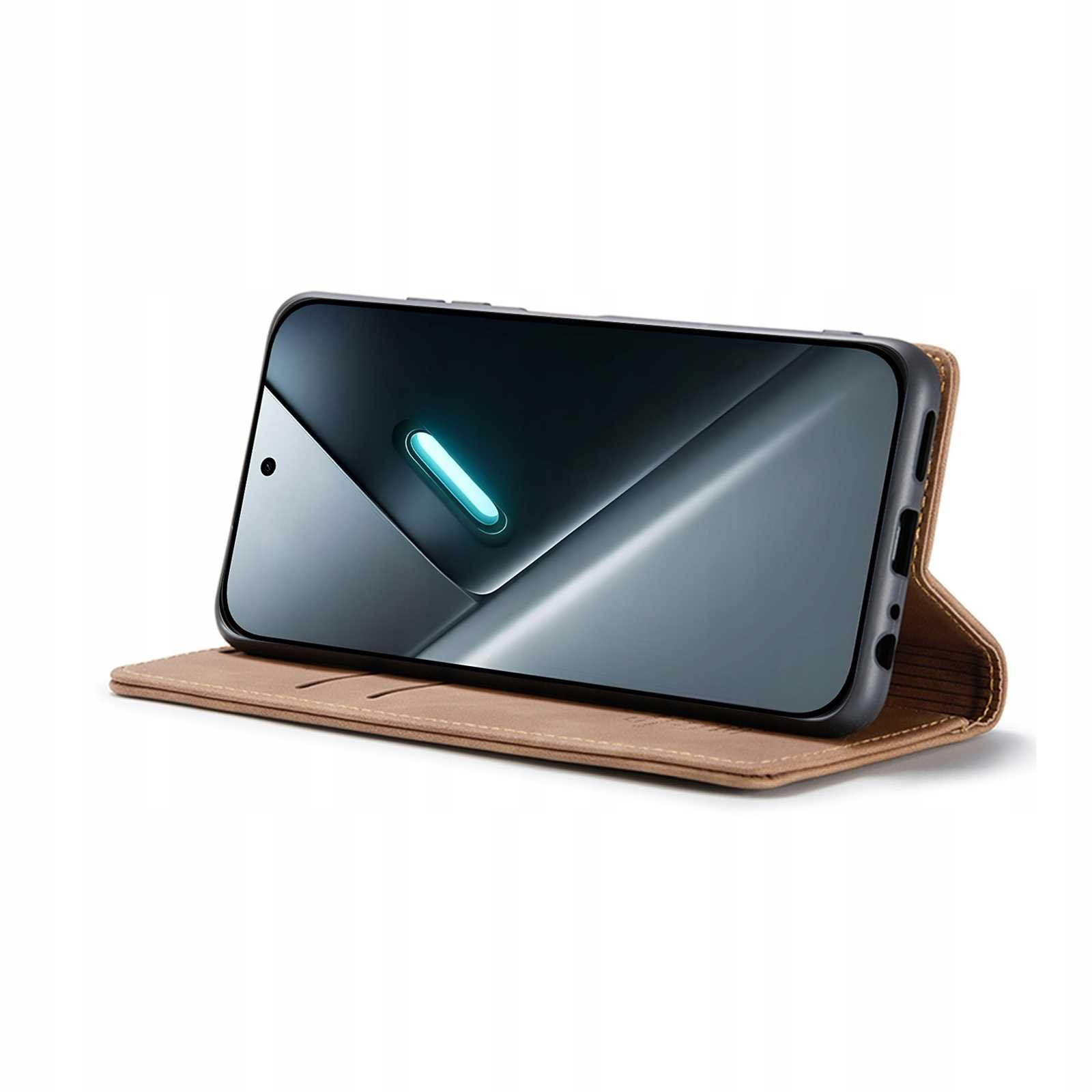 Smartfon w brązowym skórzanym etui z otwartą klapką.