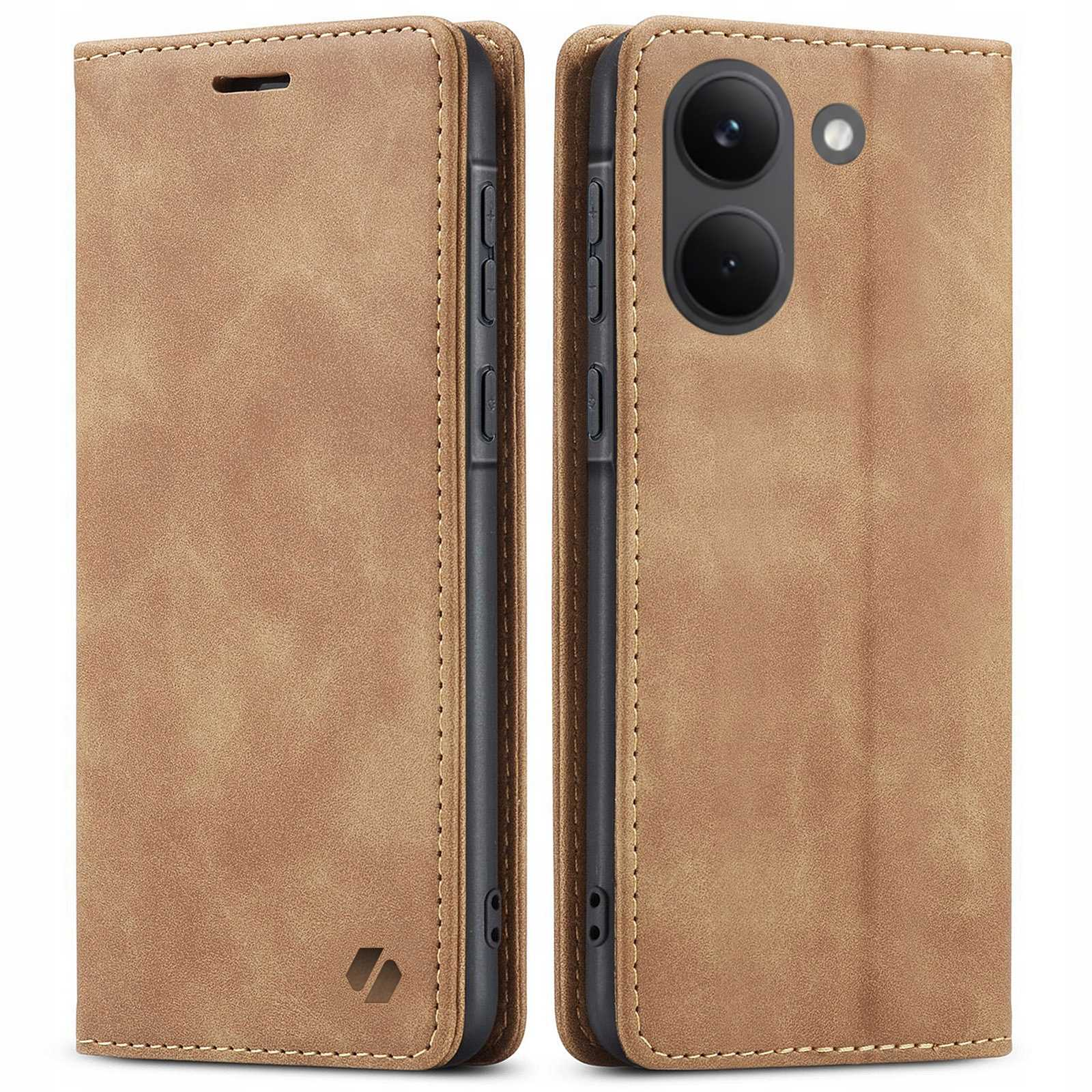 Brązowe etui na telefon z wycięciami na aparat i przeszyciami.