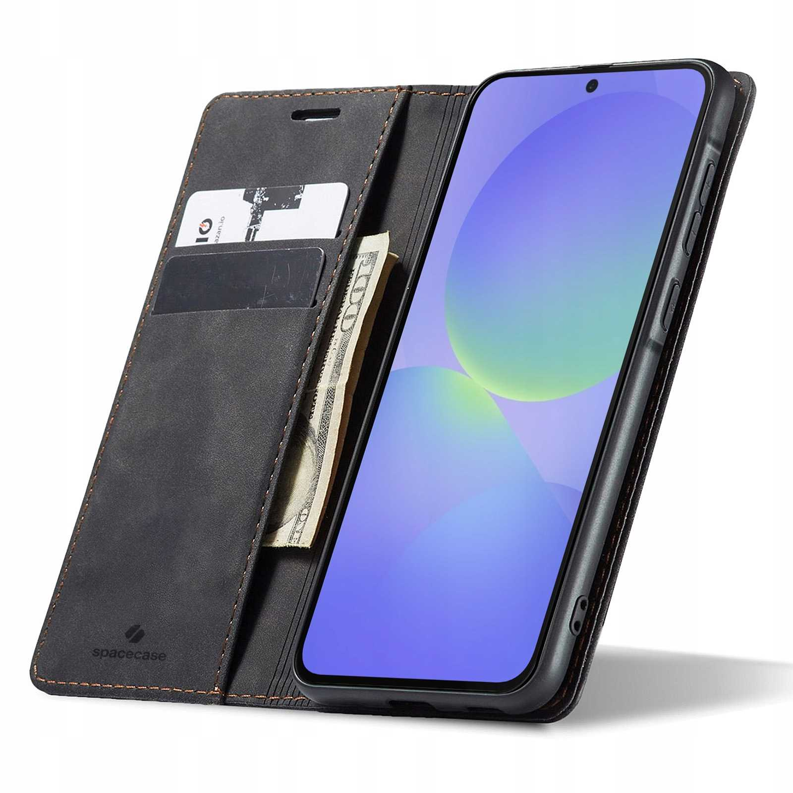 Czarne etui z klapką na telefon z miejscem na karty, gotówkę i telefon.