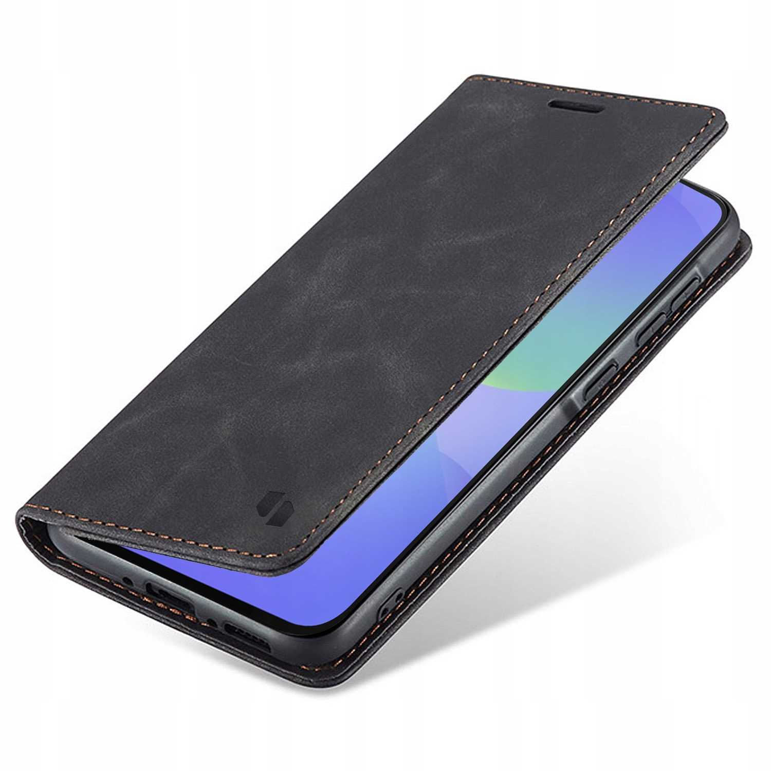 Czarne etui z klapką na telefon z brązowymi szwami na smartfonie.
