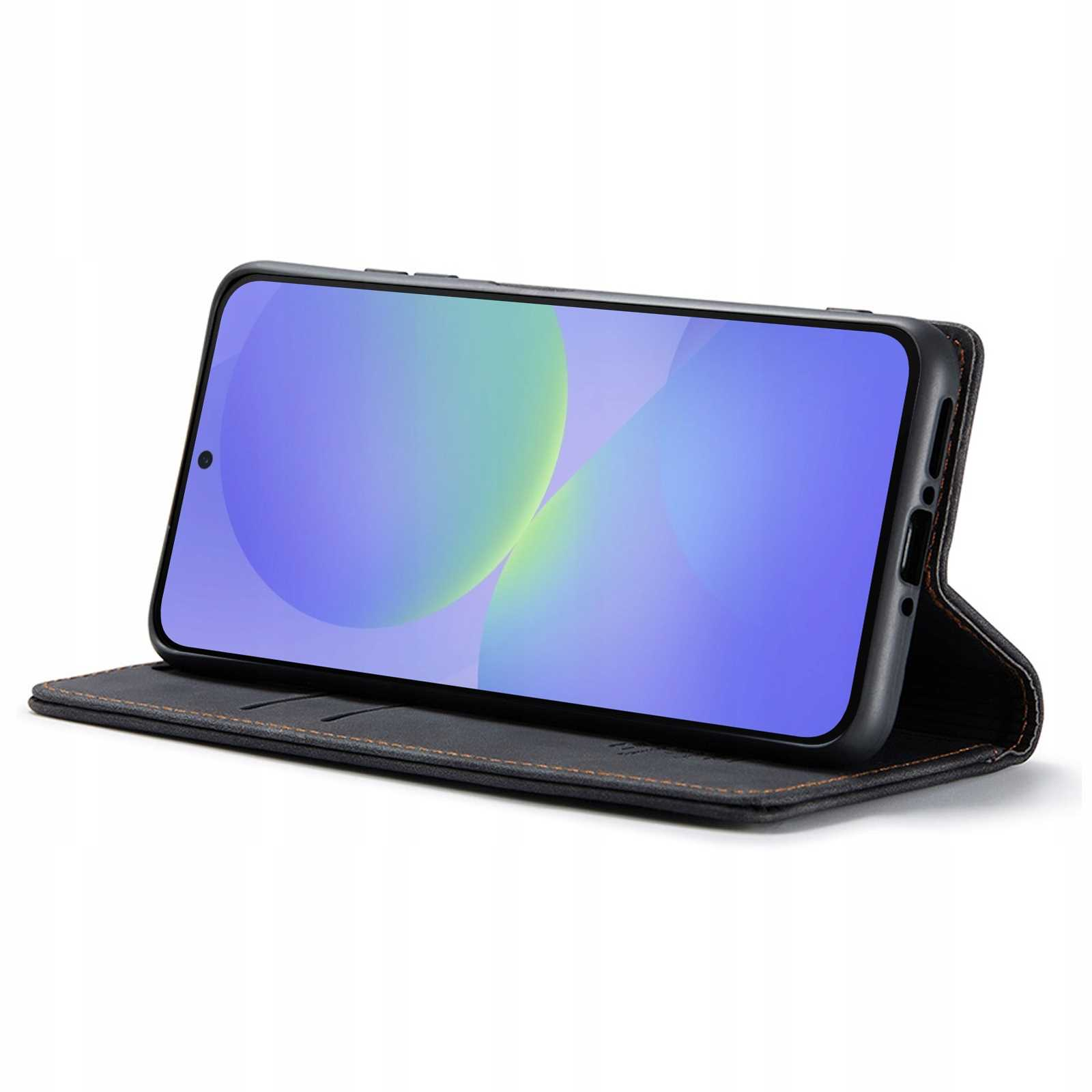 Czarny telefon komórkowy w otwartym skórzanym etui z niebieskim ekranem.