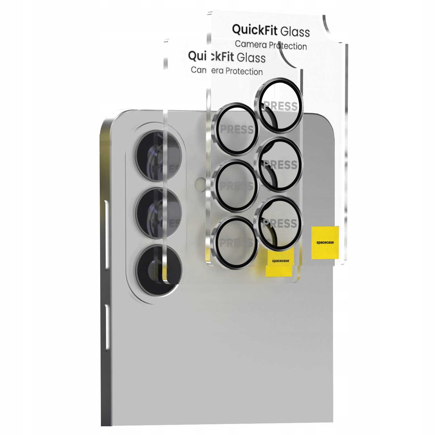 Zestaw ochronny na obiektyw aparatu telefonu marki 'QuickFit Glass'.