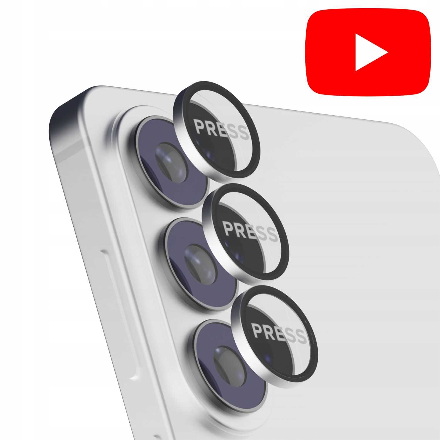 Biały tył telefonu z trzema obiektywami i logo YouTube.