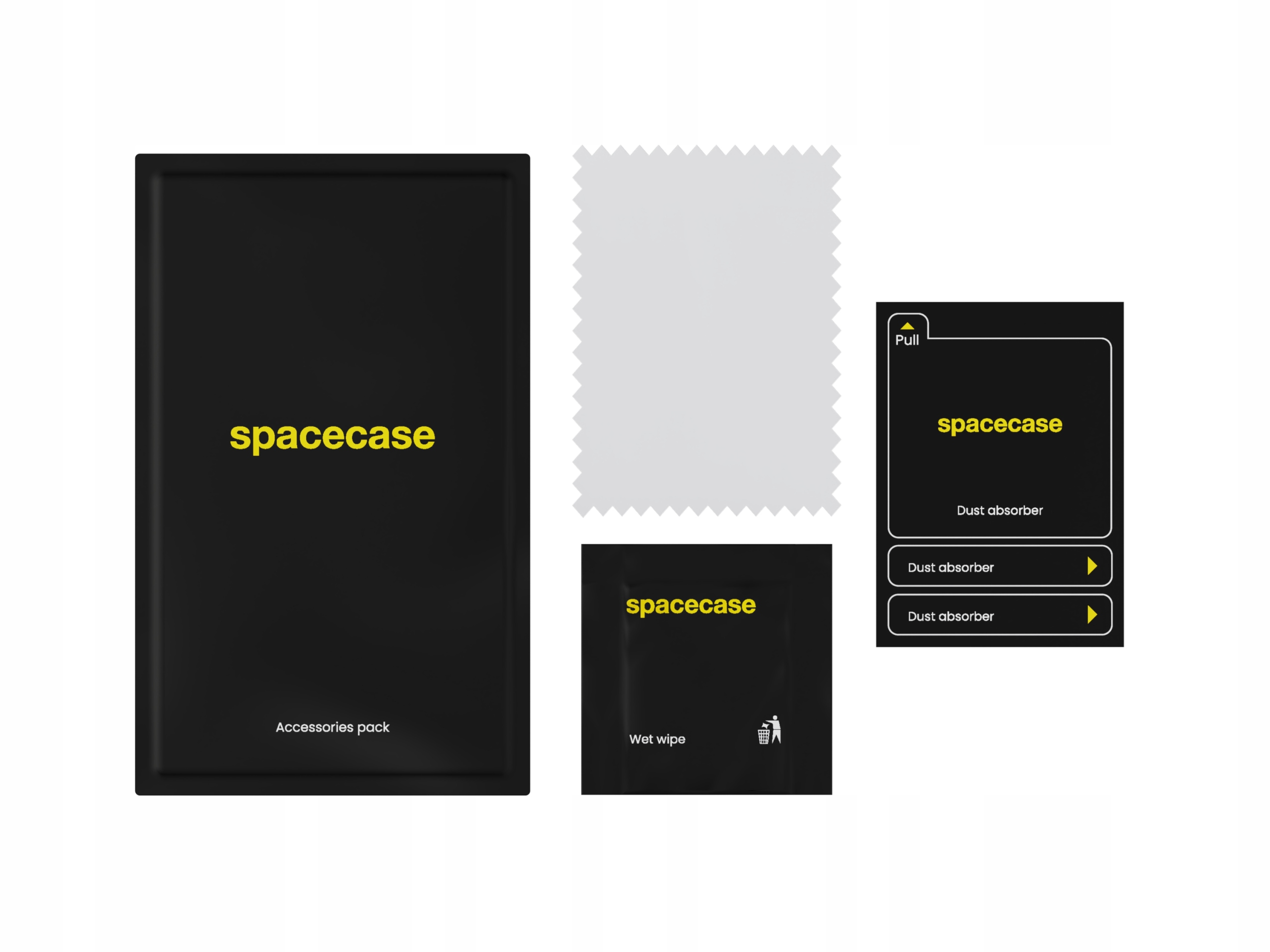 Zestaw akcesoriów Spacecase z mokrą chusteczką i pochłaniaczami kurzu.