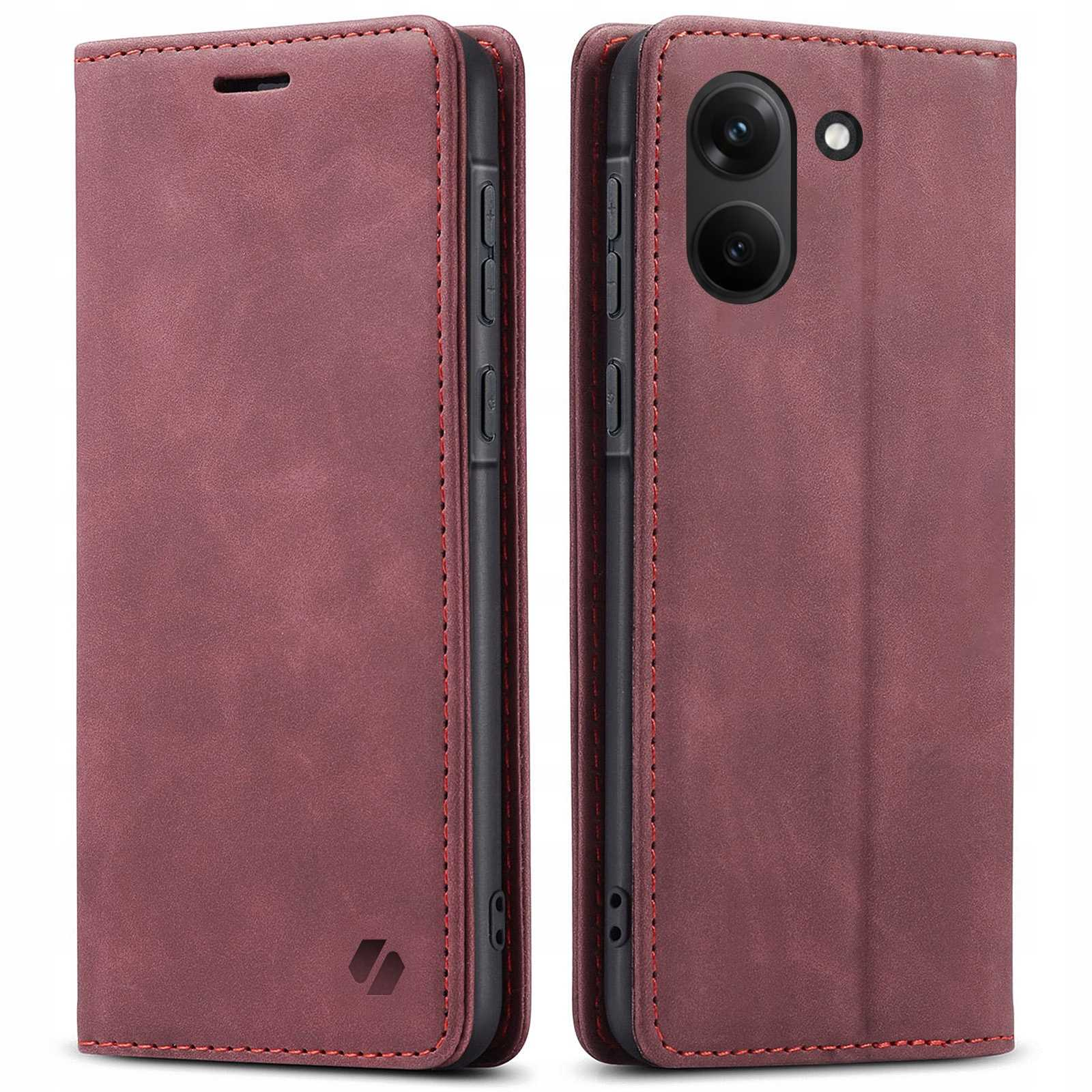 Ciemnoczerwone, otwarte etui na telefon z widocznymi aparatami i przyciskami.