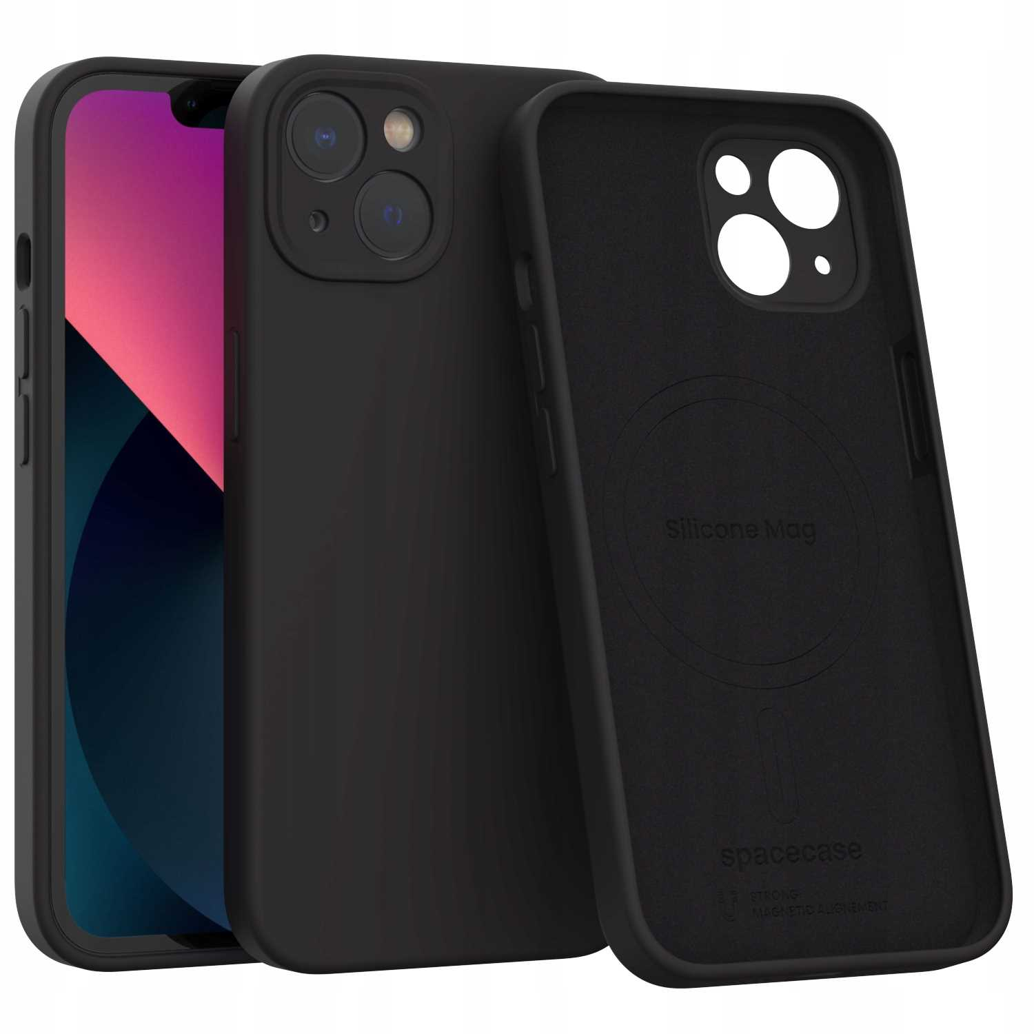 Czarny iPhone z pasującym etui, wnętrze pokazuje pierścień magnetyczny.
