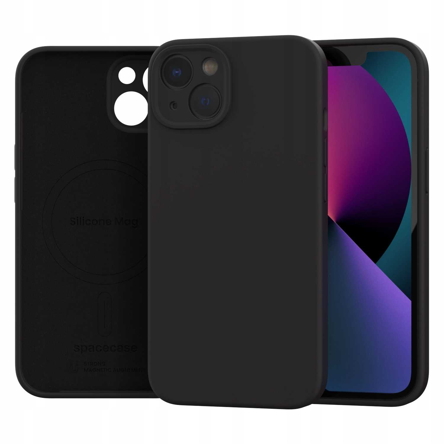 Czarne etui na telefon obok smartfona z fioletowym ekranem.