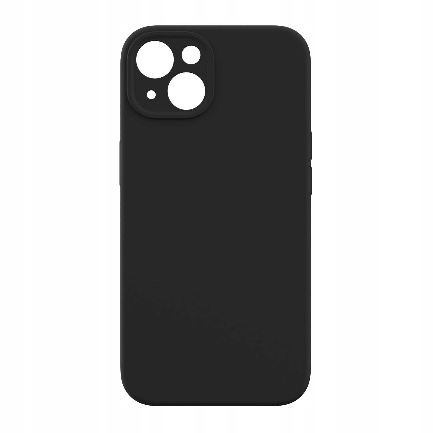 Czarne etui na telefon z prostokątnym wycięciem na aparat w lewym górnym rogu.